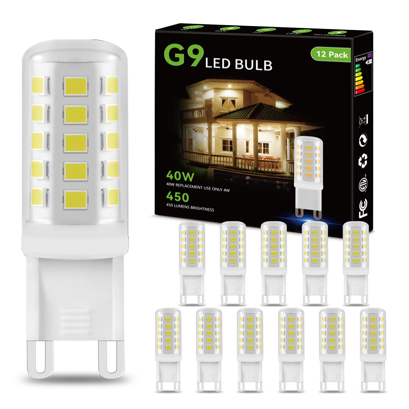 Dalattin G9 Led Bulb 12 Pack 4W Equivalent 40 Watt, 6000K Daylight White, Replacement T4 G9 Halogen Lights Bulb,450Lm, Non-Dimma