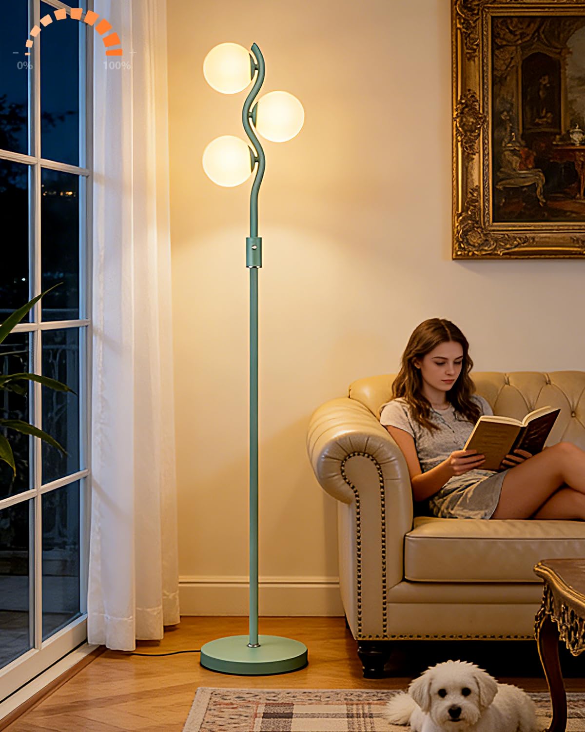 Lightdot 60IN Green Floor Lamp Stepless Dimmable Globe Floor Lamps with 3Pcs 3000K Bulbs Eye-Friendly Mid Century Standing Lamps