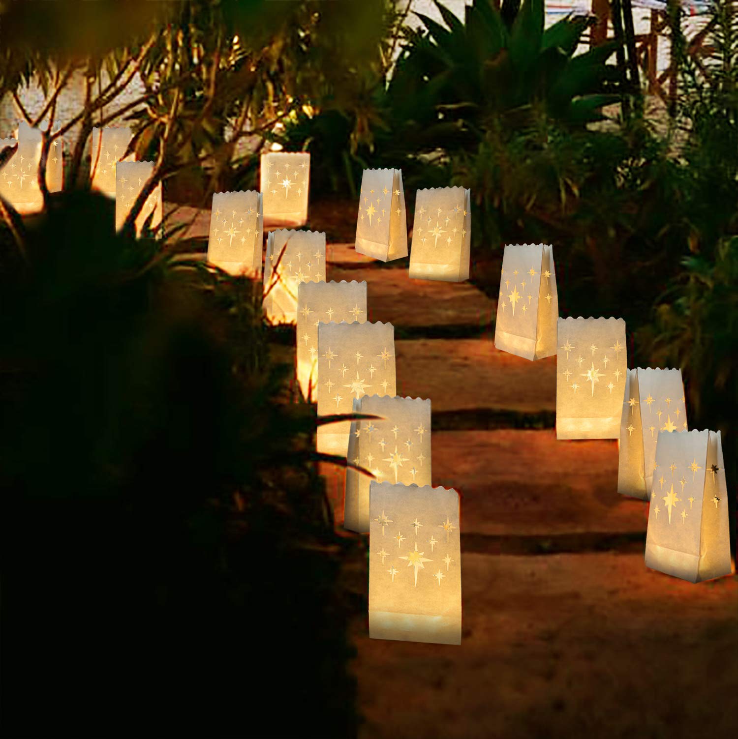 Homemory 24 PCS White Luminary Bags, Flame Resistant Candle Bags, Stars Design Luminaries, Halloween, Thanksgiving, Party, Chris