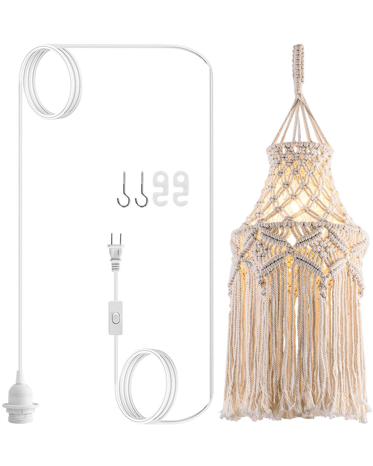Flsfu Boho Plug In Pendant Light Macrame Lamp Shade, Hanging Lamp With Plug In Cord,On/Off Switch,Bohemian Hanging Light Fixture