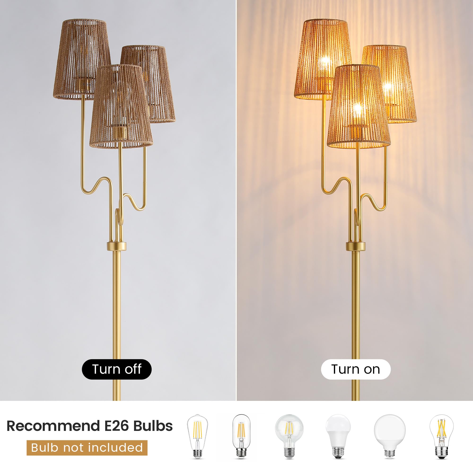 Boho Floor Lamp, 68In. Rattan Floor Lamp With Natural Woven Shade, Rustic Standing Lamp For Coastal, Beach Or Bohemian Style Decor, E26 Socket, On/Off Footswitch Lamp For Living Room, Bedroom (Gold)