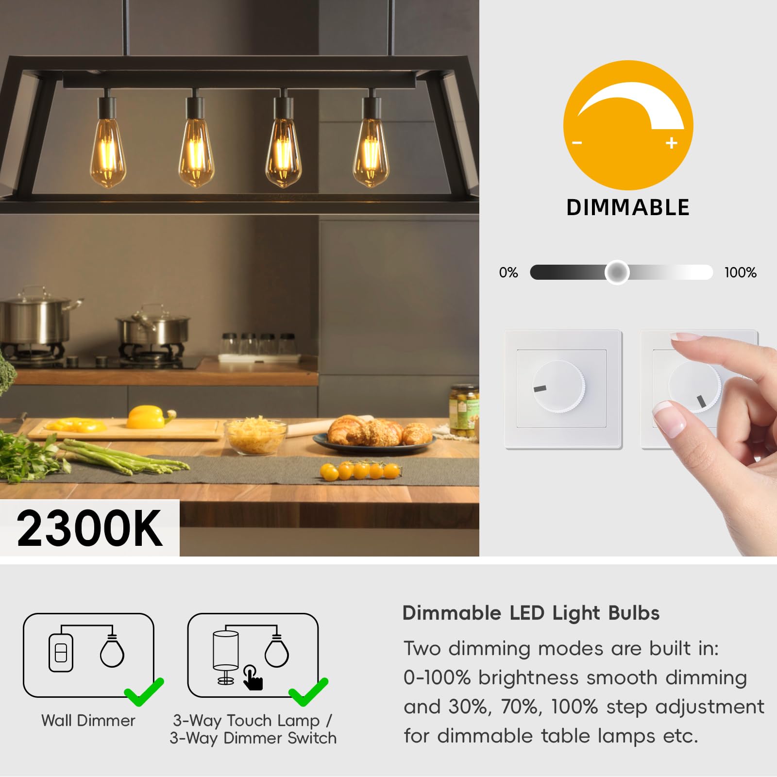 Jensense E26 LED Edison Bulbs 7W Dimmable 800 Lumen 2300K Warm White Amber Glass 8 Pack