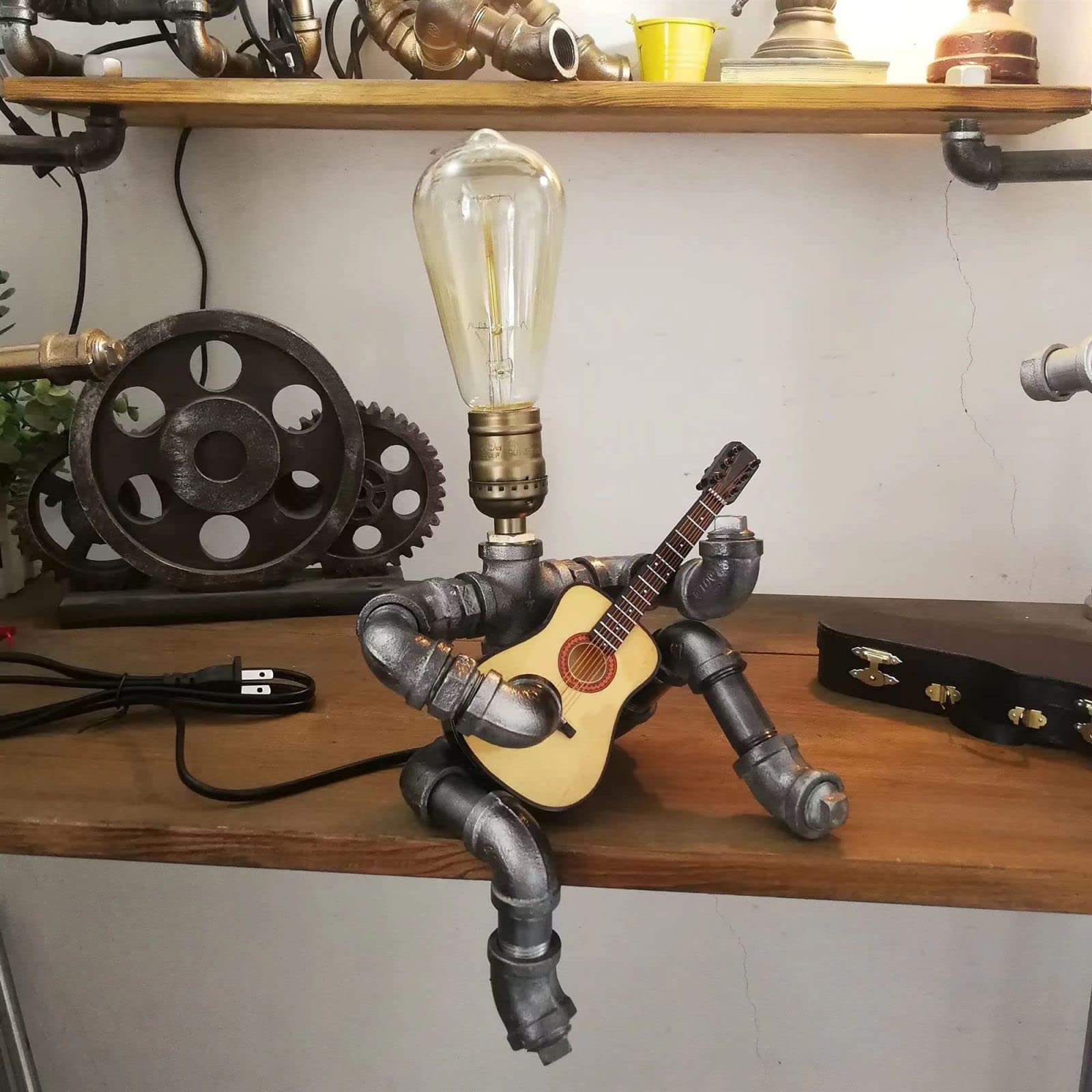 Wibota Music Guitar Table Lamp Art Decor Guitar Stuff Cool Gifts For Music Art Lovers Microphone Players For Men Steampunk Pipe Man Edison Bulb Lamps Retro Guitars Metal Pipe Industrial Robot Lights