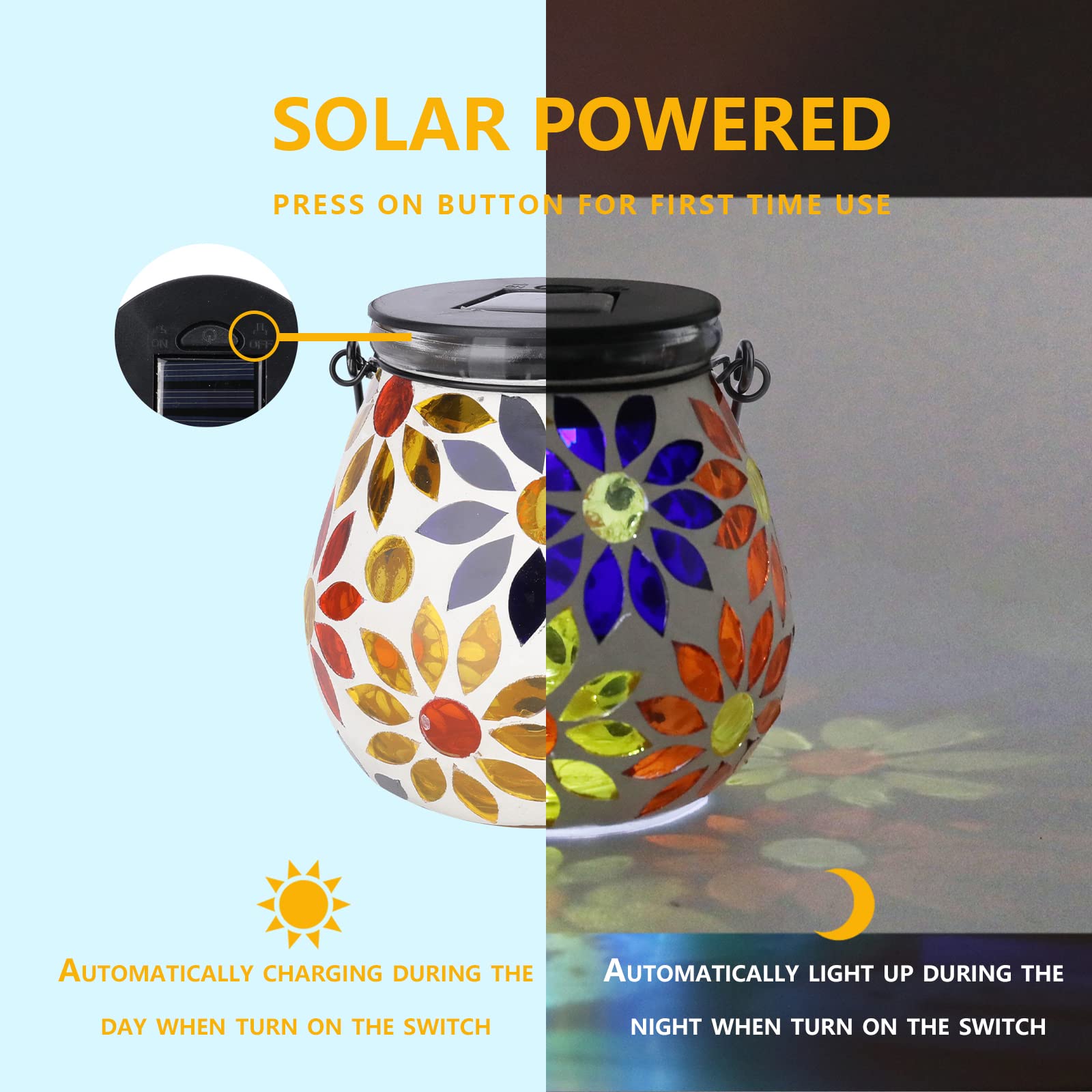Afirst Mosaic Solar Lantern - Glass Hanging Light, Waterproof Table Lamp for Garden, Patio, Holiday - Model 4431910A, Color Daisy