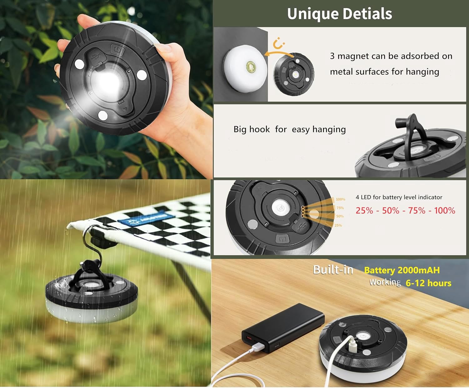 Camping String Lights | Rechargeable 4 in 1 Quick Storage 32.8FT Tent Lights with 8 Modes | Hanging Waterproof LED Lamp for Outd