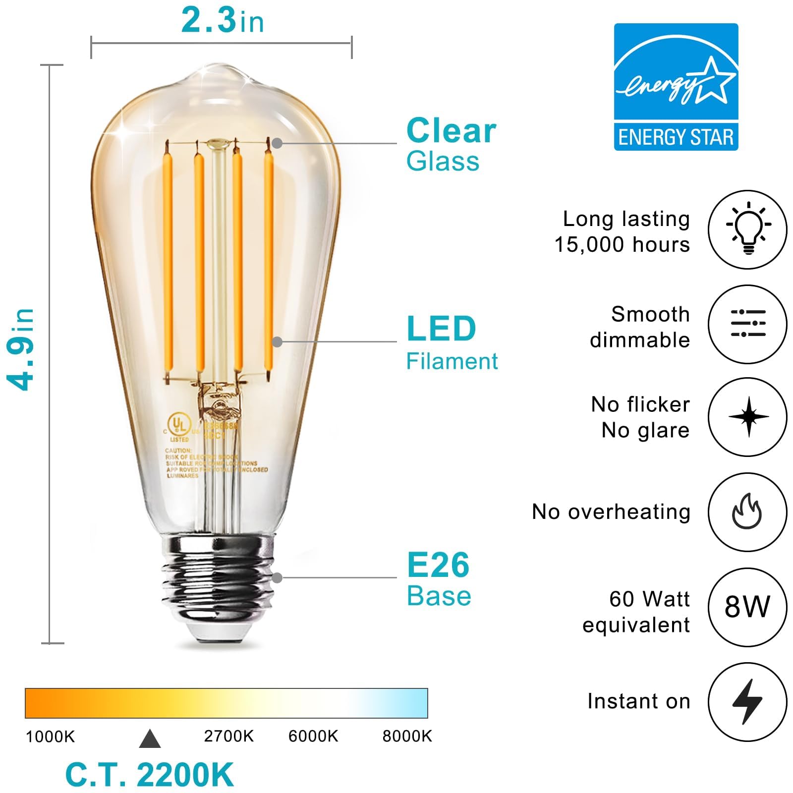 TJOY 6 Pack Vintage 8W ST58 LED Edison Bulbs, 60W Equivalent, 800 Lumens, 2200K Soft White, Dimmable, E26 Base,