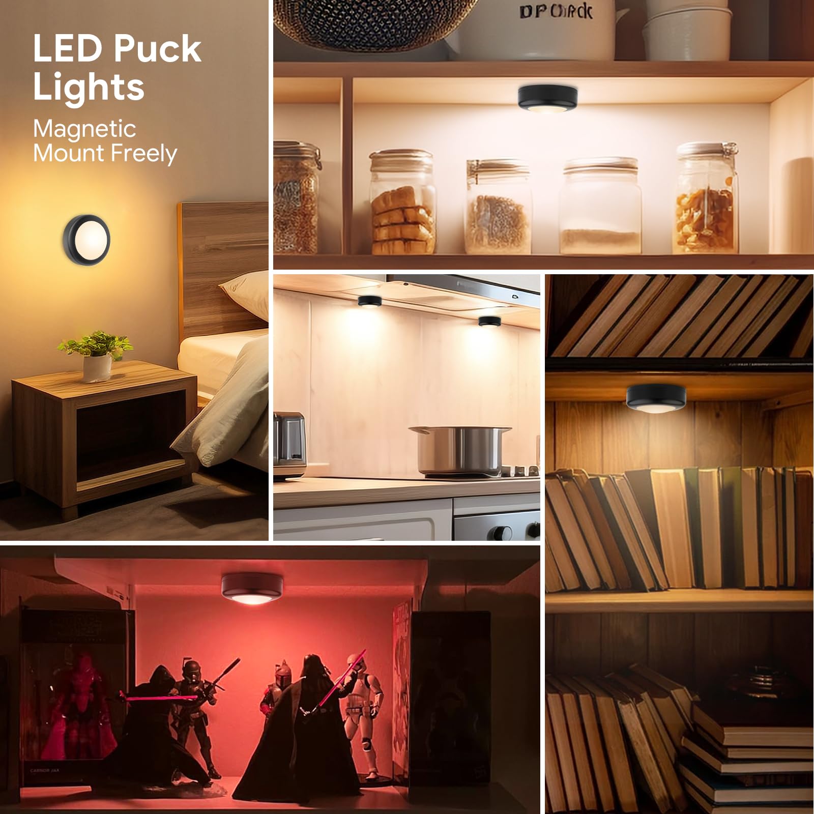 Yiliaw LED Puck Lights, Remote Control, AA Battery Operated, 12 Pack, Black-Magnetic, Under Cabinet Lighting for Kitchen