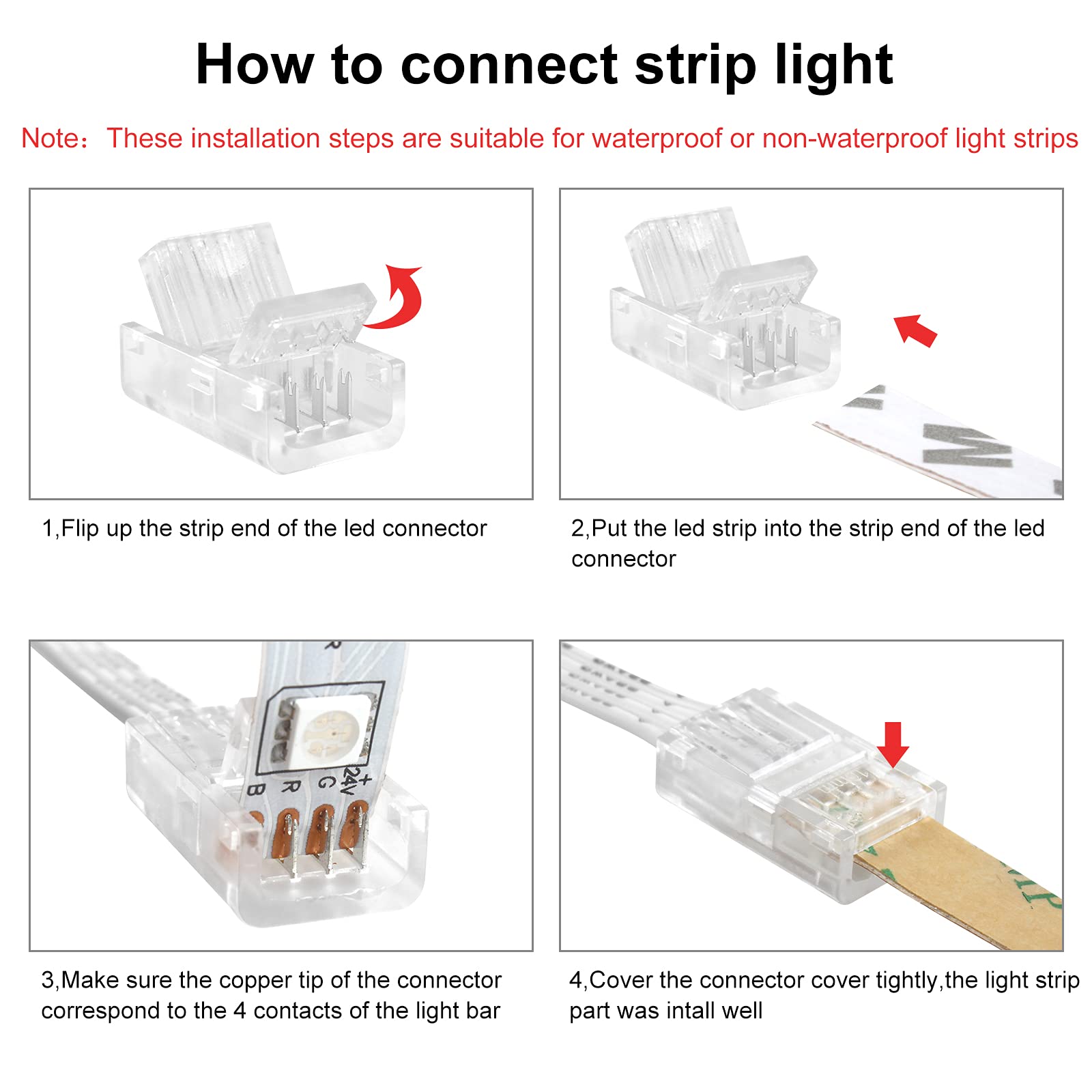RGBZONE 10 Packs 4-Pin RGB LED Light Strip Connectors, 10mm Wide, Copper, Multicolor, Solderless Quick Connectors for SMD 5050