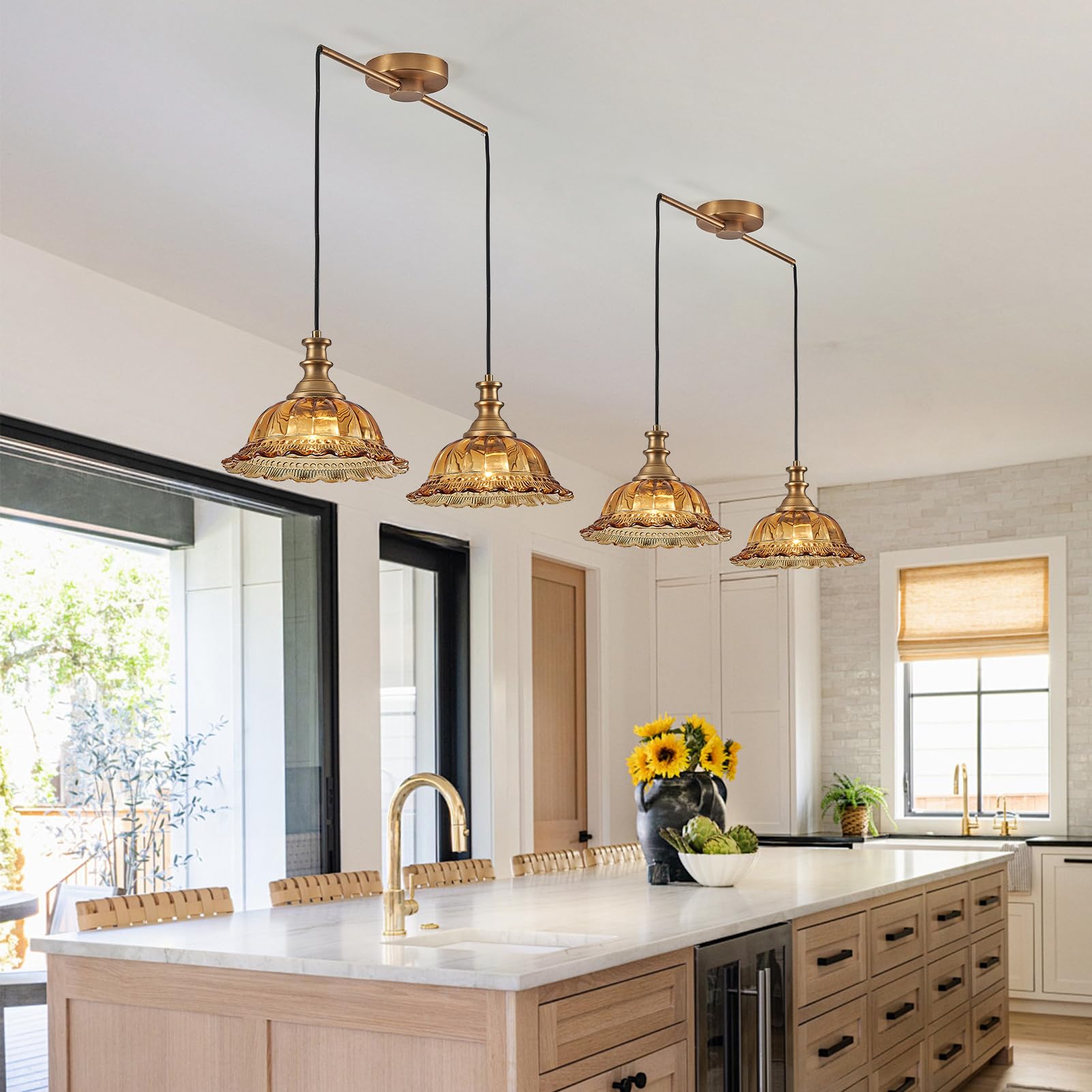 HDDFL Vintage 2 Light Pendant Light Fixture, Amber & Brass, Metal, Adjustable Cord for Kitchen Island & Dining Room, Model SS87M-2CC