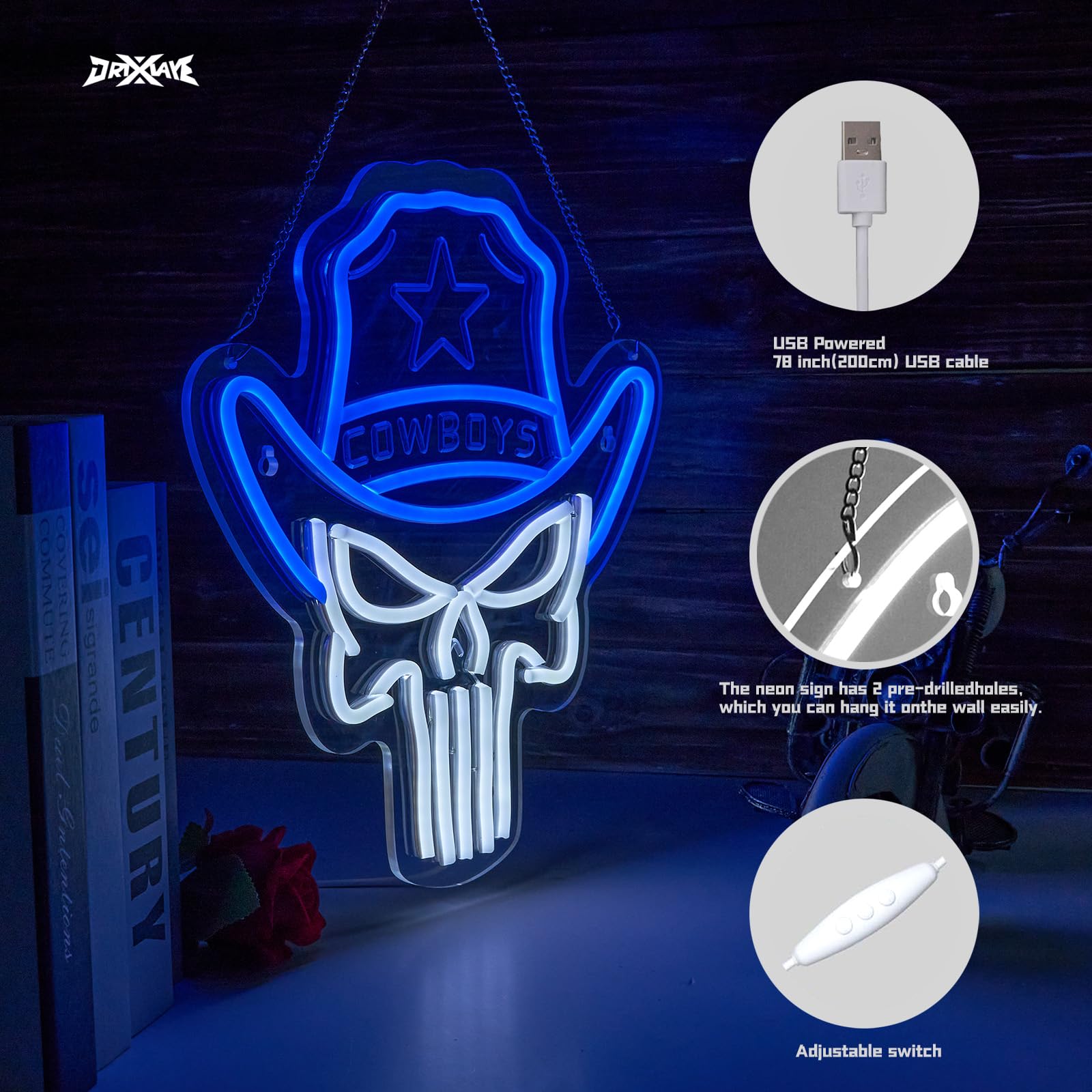 ORIXIAYE Cowboy Neon Sign LED Wall Decor, 13.9inx12.6in, Blue + White Skull, Model ORIXIAYE-A, Polyvinyl Chloride Material