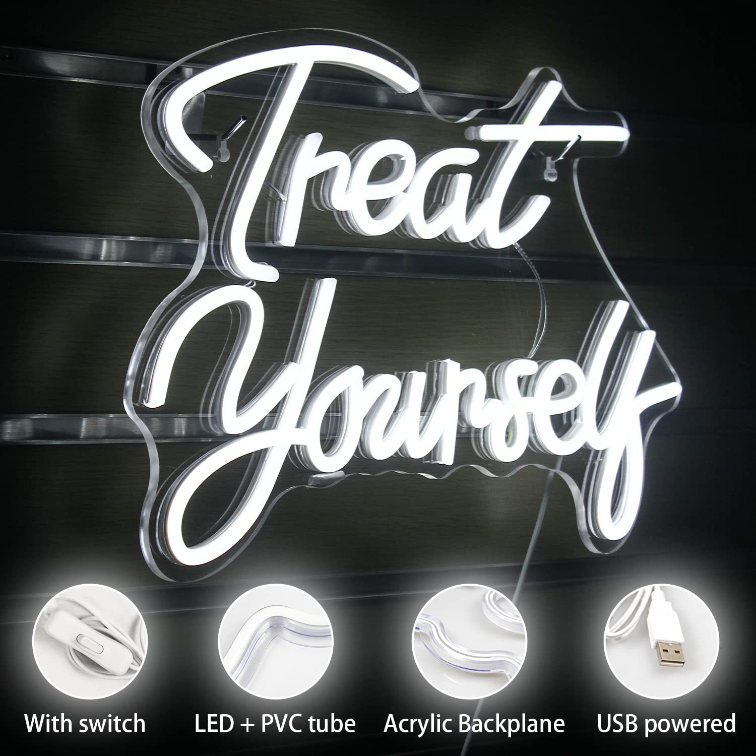 Wanxing LED Neon Sign Light for Bedroom, White Acrylic, Model WX-NS-treat yourself, Happy Light for Wedding & Birthday Decor