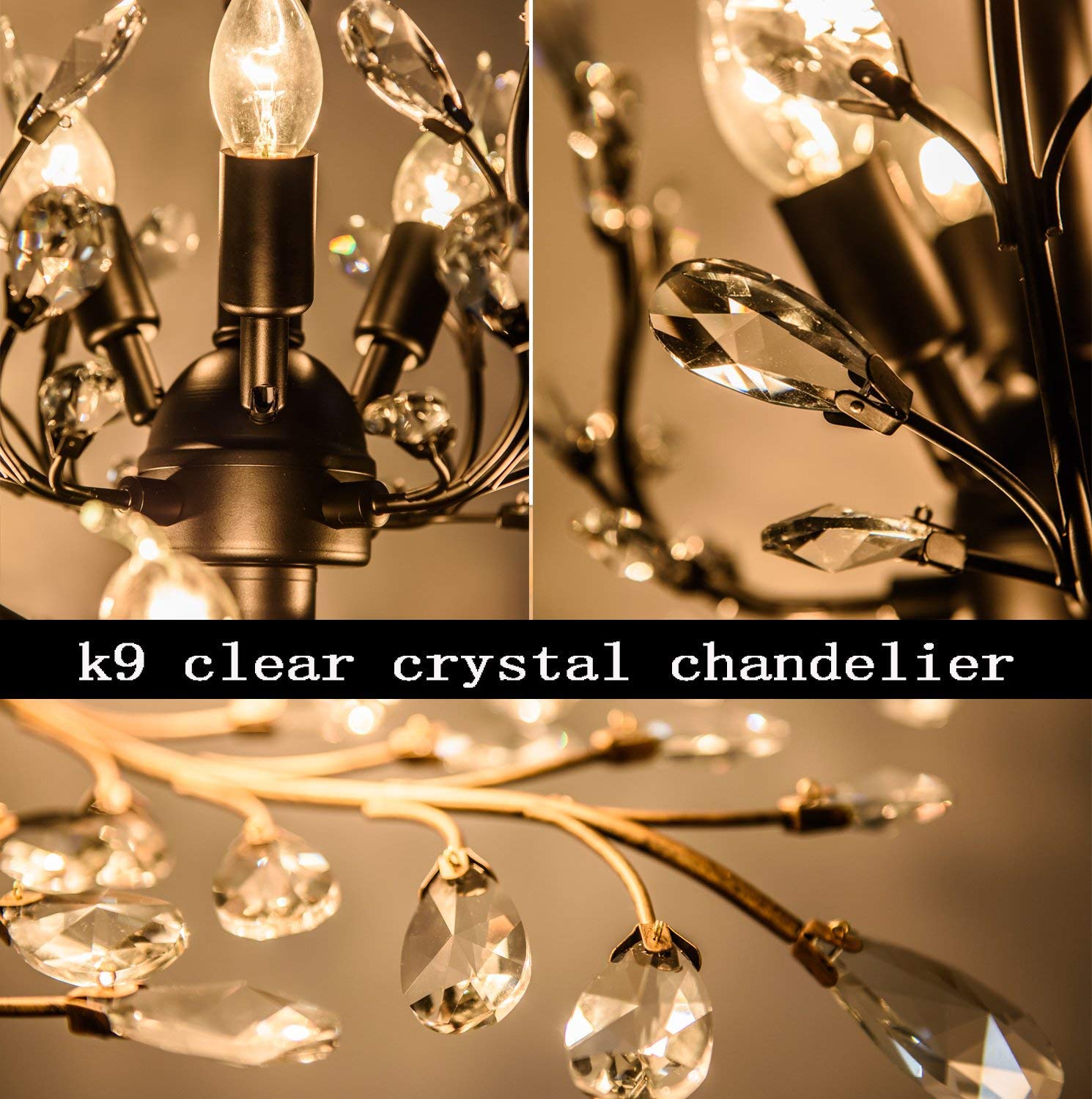 Ganeed Vintage K9 Crystal Chandelier - 3-Light Flush Mount Fixture, Black Iron For Living Room, Dining Room, Restaurant, Hallway