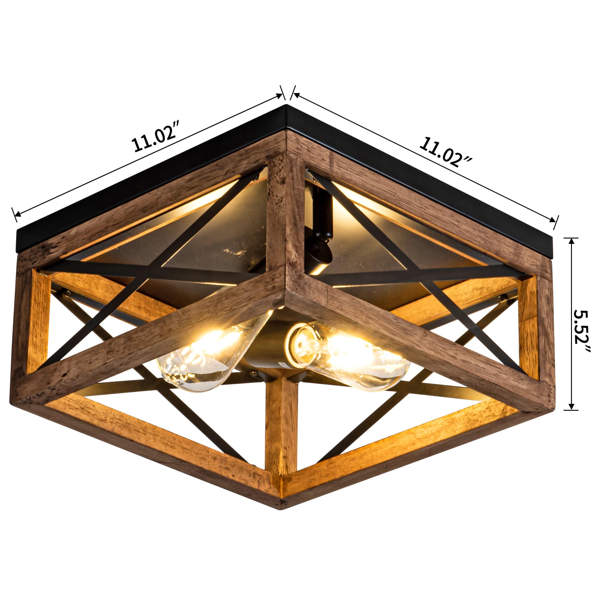 Rpzloila 2-Light Flush Mount Ceiling Light Fixture, Rustic Black Metal & Wood Design, Standard Size, Model 8606-2X