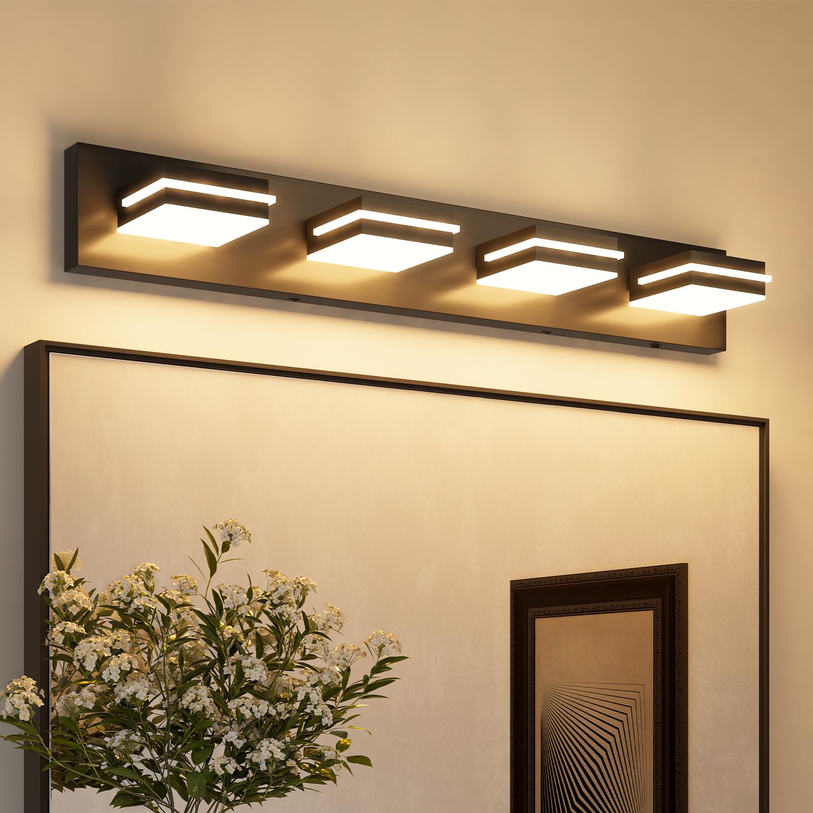 VOLISUN Bathroom Light Fixtures Over Mirror, Dimmable, 4-Light, 30 Inch, 5CCT, Black, Model 9553F, ETL Certified