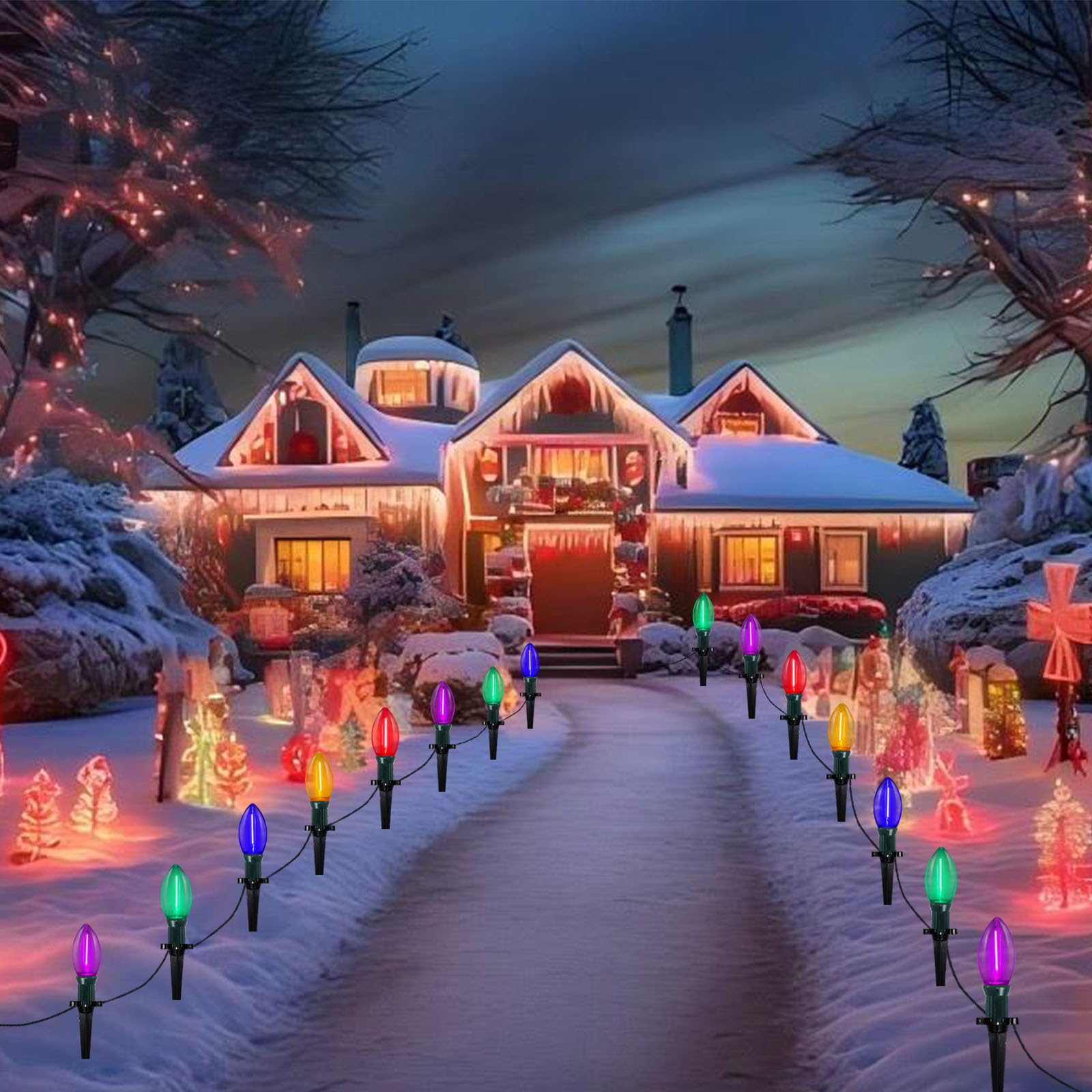 38Ft C9 Led Christmas Pathway Lights Outdoor, 25 C9 Led Multicolor Bulbs String Lights Waterproof With Stakes, Connectable Chris