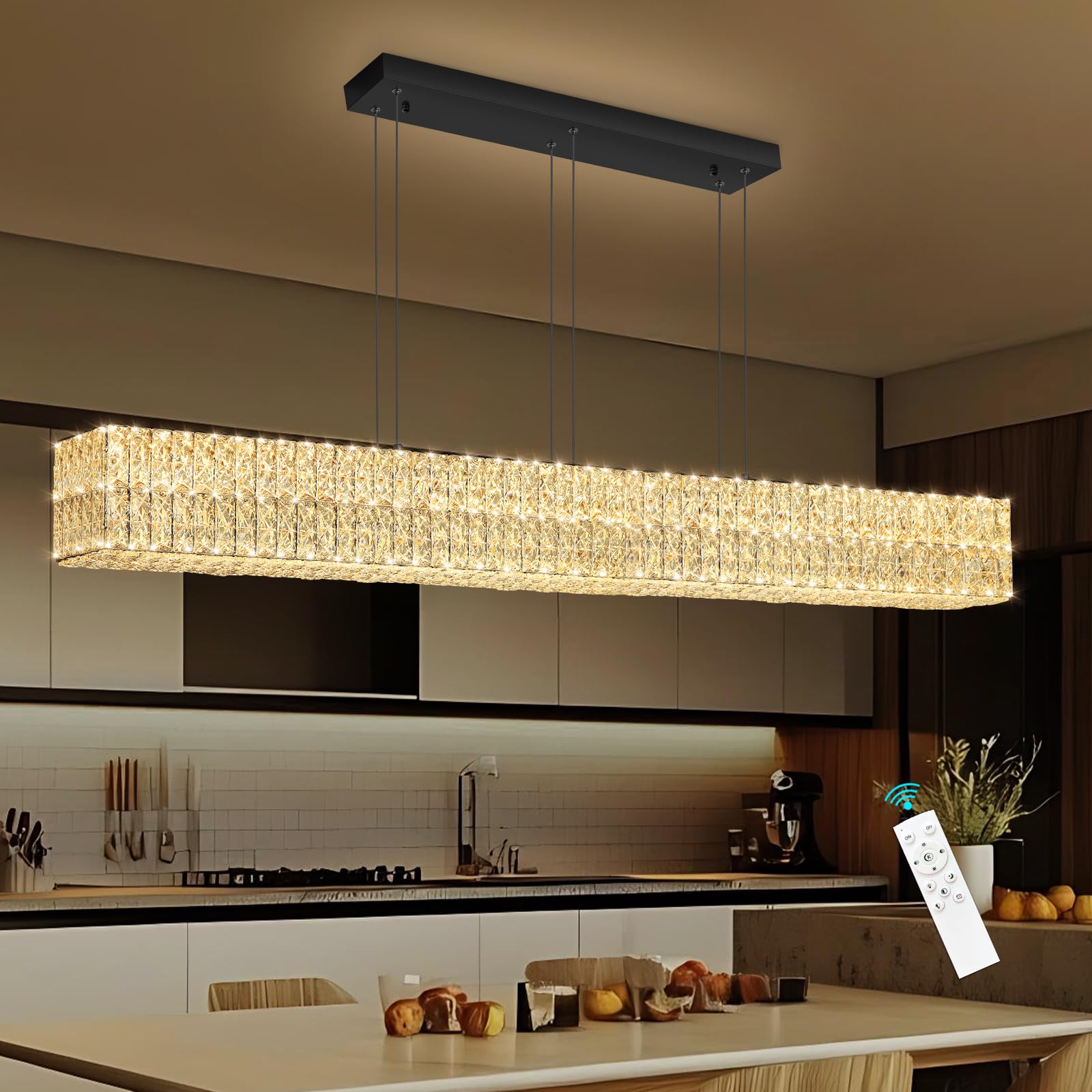 YLKP Rectangular Crystal Chandelier Dimmable LED Linear Chandeliers for Dining Room Remote Ceiling Pendants Light Fixture for Kitchen Island Black