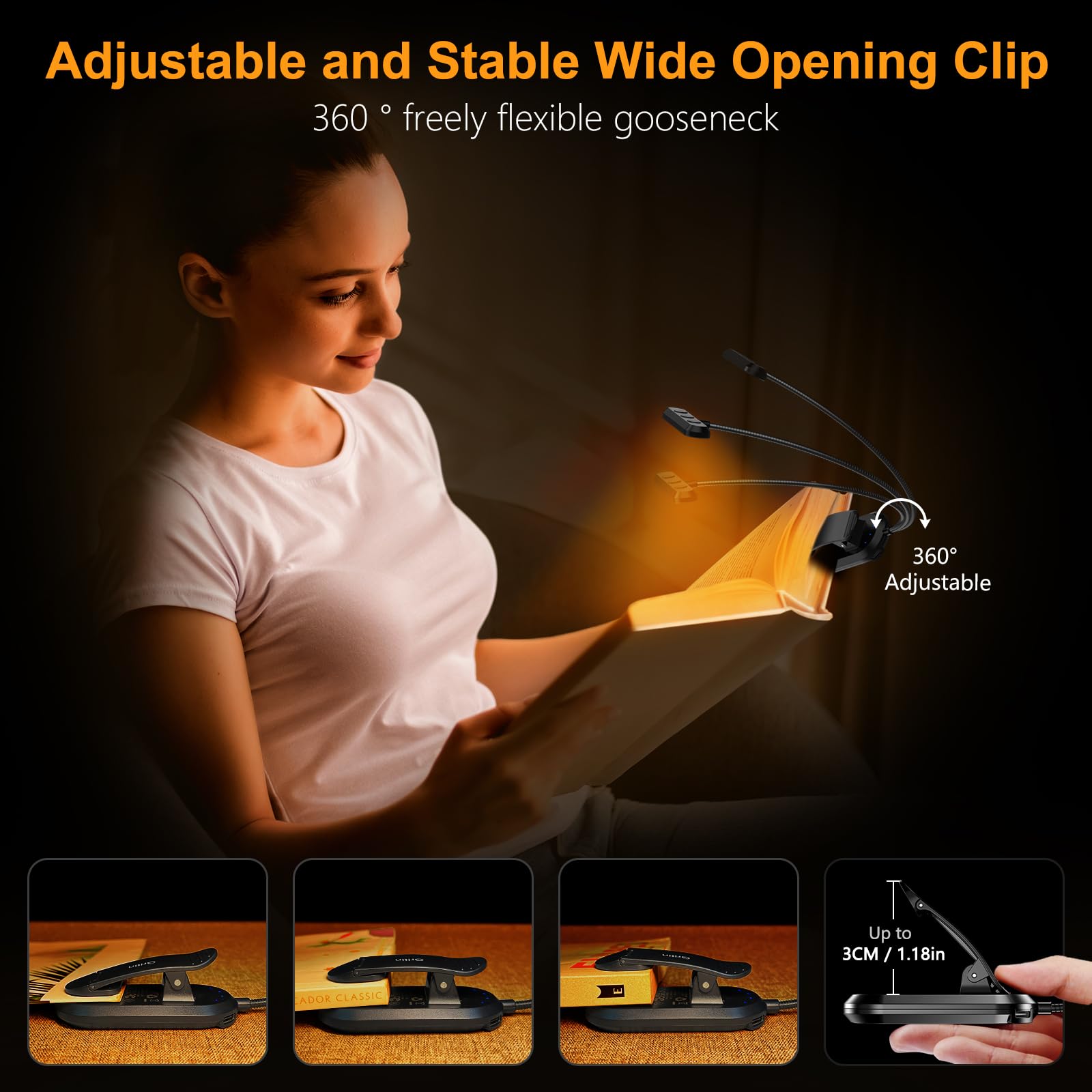 Gritin Rechargeable Book Light, 19 LEDs, 3 Color Temperatures, 5 Brightness Levels, Flexible Neck, Black, Model G1321, 4.21 x 3