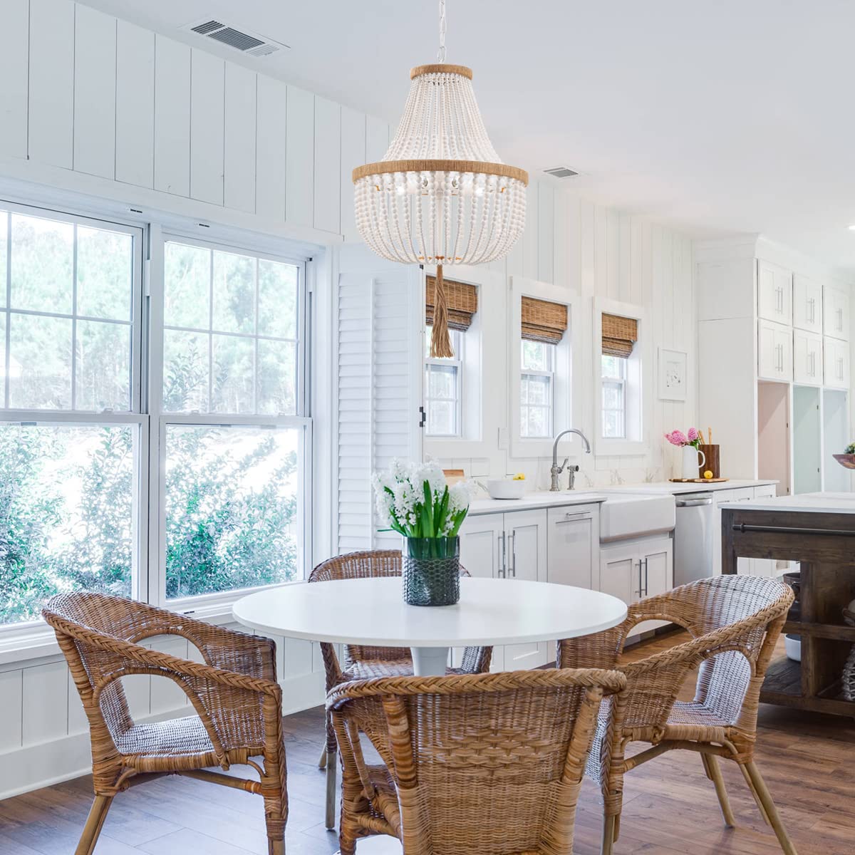 ELYCCUPA Wood Beaded Chandelier, 4 Lights, Rustic Pendant Light, 17" Round, White for Bedroom, Kitchen, Dining Room