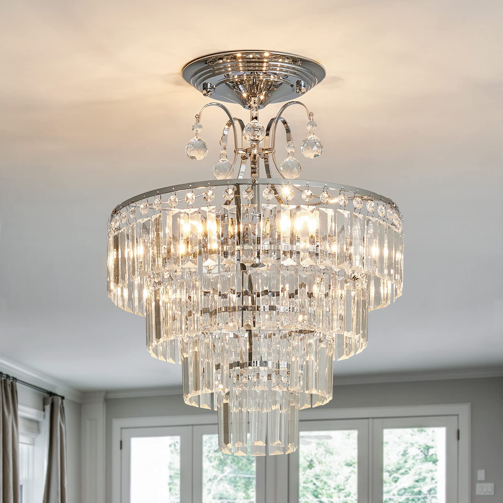 CVKASH 5 -Lights Crystal Chrome Chandelier Antique Modern Semi Flush Mount Ceiling Light Fixture Ceiling Lamp for Dining Room Ki