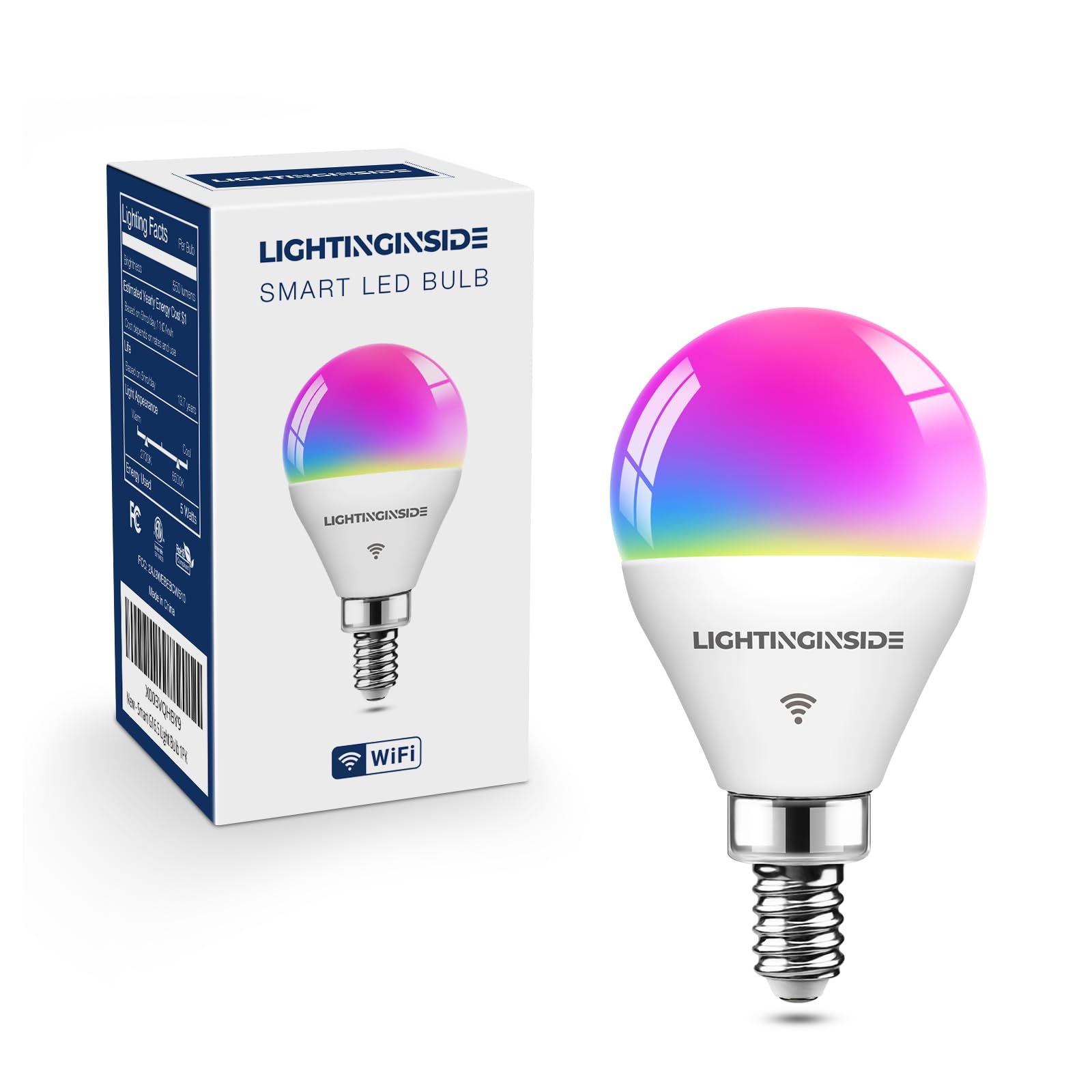 Lightinginside E12 Smart Light Bulb, WiFi Candelabra 50W Equivalent, 5W 550LM, ETL Listed, G16.5, 1 Count, Compatible with
