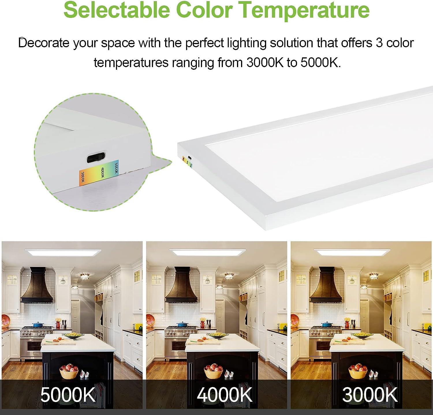 Hykolity 1X4 Ft Led Flat Panel Selectable Cct Flush Mount Light,4800Lm,48W Dimmable Ultra Slim Ceiling Light, 3000K/4000K/5000K
