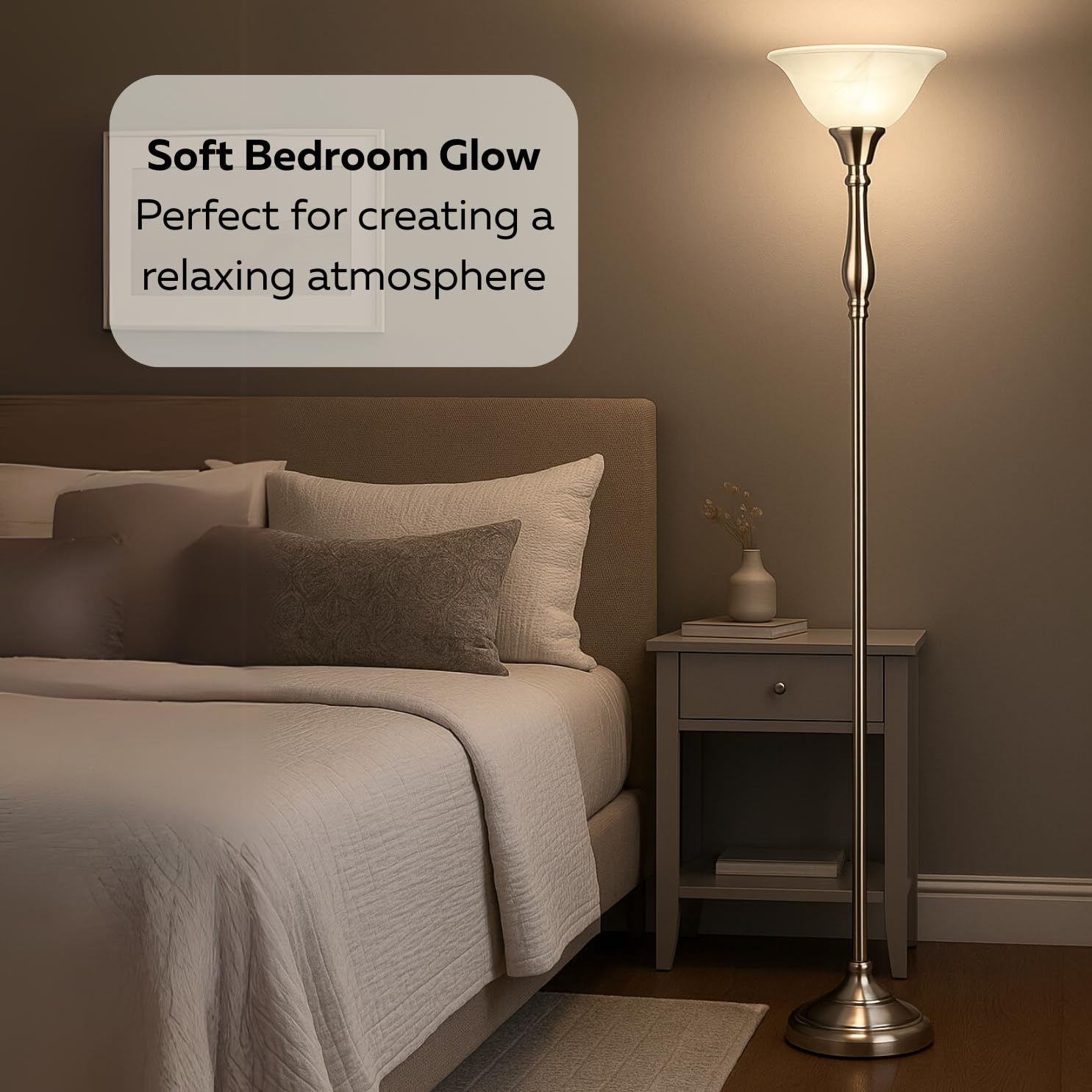 LIGHTACCENTS Floor Lamp 72" Tall Torchiere, Brushed Nickel with Alabaster Shade, Model 16176 - Modern Standing Lamp for Living Room or Bedroom