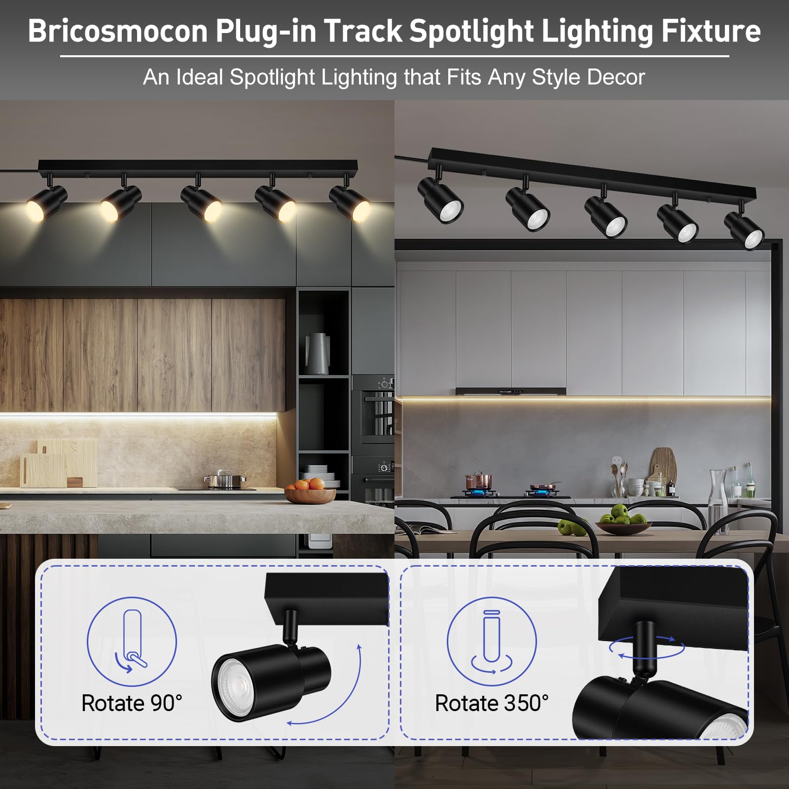 Bricosmocon 30 Black 5-Light Plug in Track Lighting, LED Ceiling Fixtures with 15FT Cord & Rotatable Heads for Kitchen & Hallway
