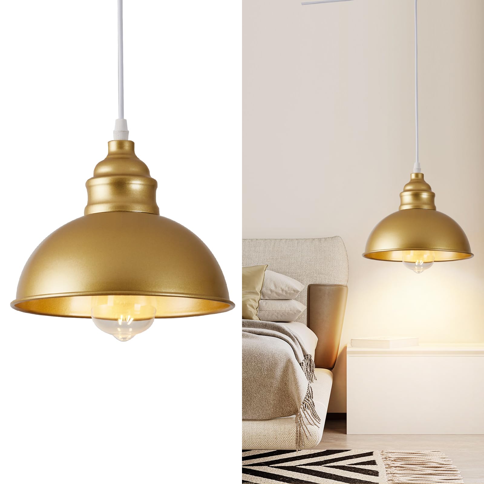SoodMi Plug-in Pendant Light, Industrial Metal Hanging Lamp, 15FT Cord, On/Off Switch, Gold, Model PDL-011