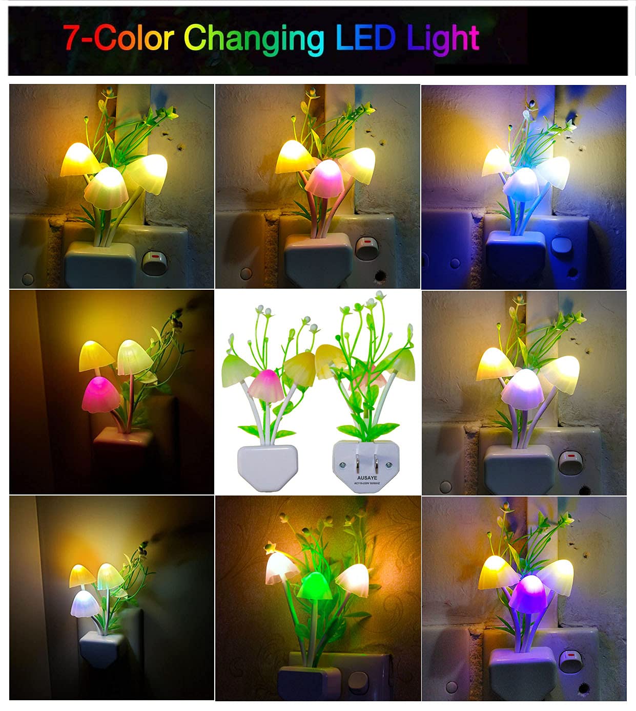AUSAYE LED Night Light, Color Changing Mushroom Flower Lamp, 4 Pack, Plastic, Model 7082, for Bedroom, Bathroom, Kitchen, Stairs