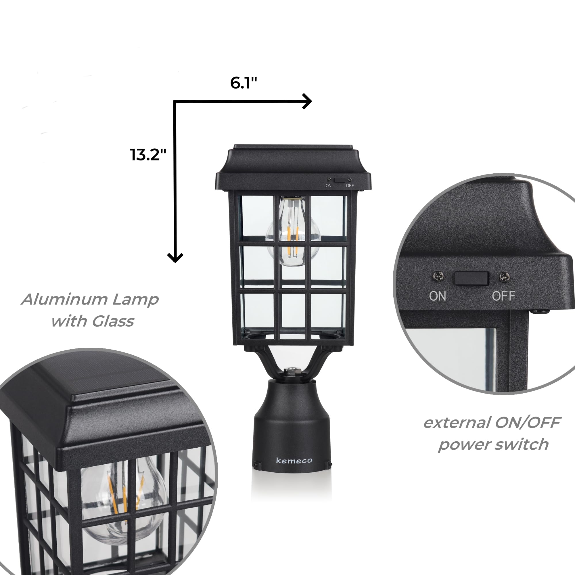 Kemeco Solar Post Light - Waterproof LED Fixture for Outdoor Garden, Flat Roof, Black, Model 4324
