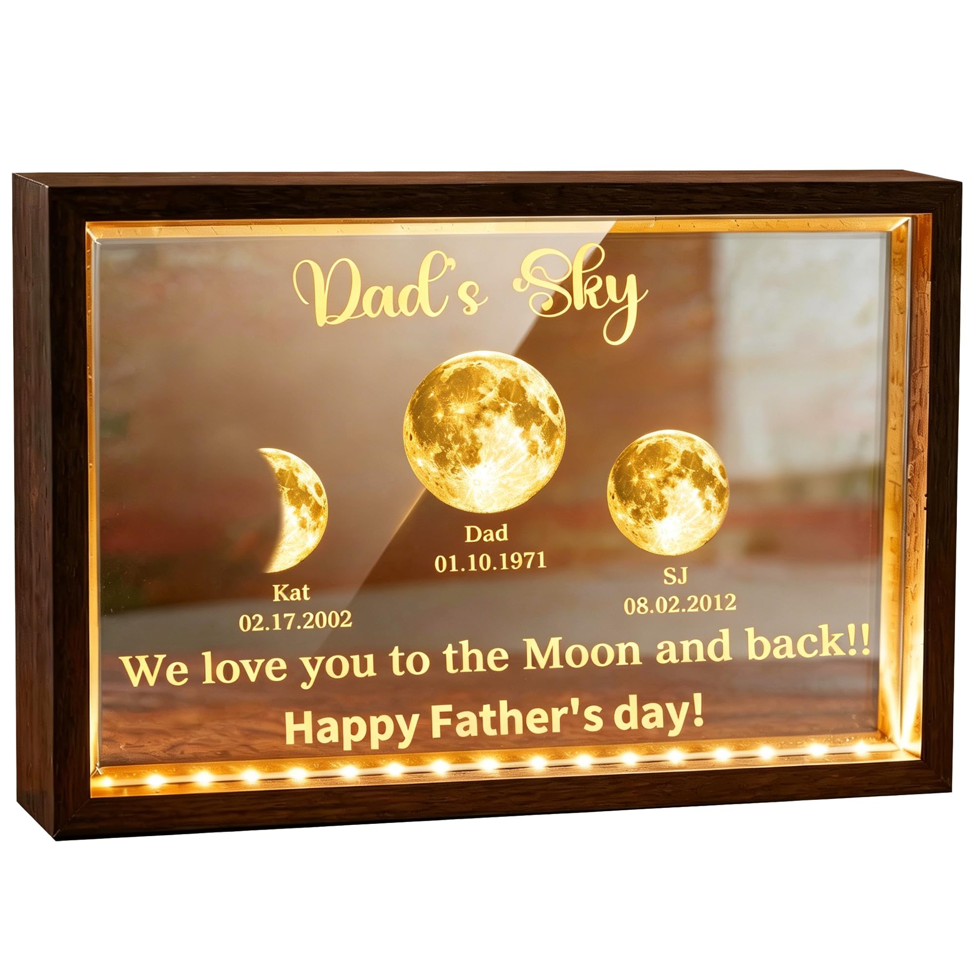 Dads Sky LED Light Frame with Kids Names & Birthdate, Personalized Moon Phase Gift for Dad/Grandpa, Daddys Universe Light Up P
