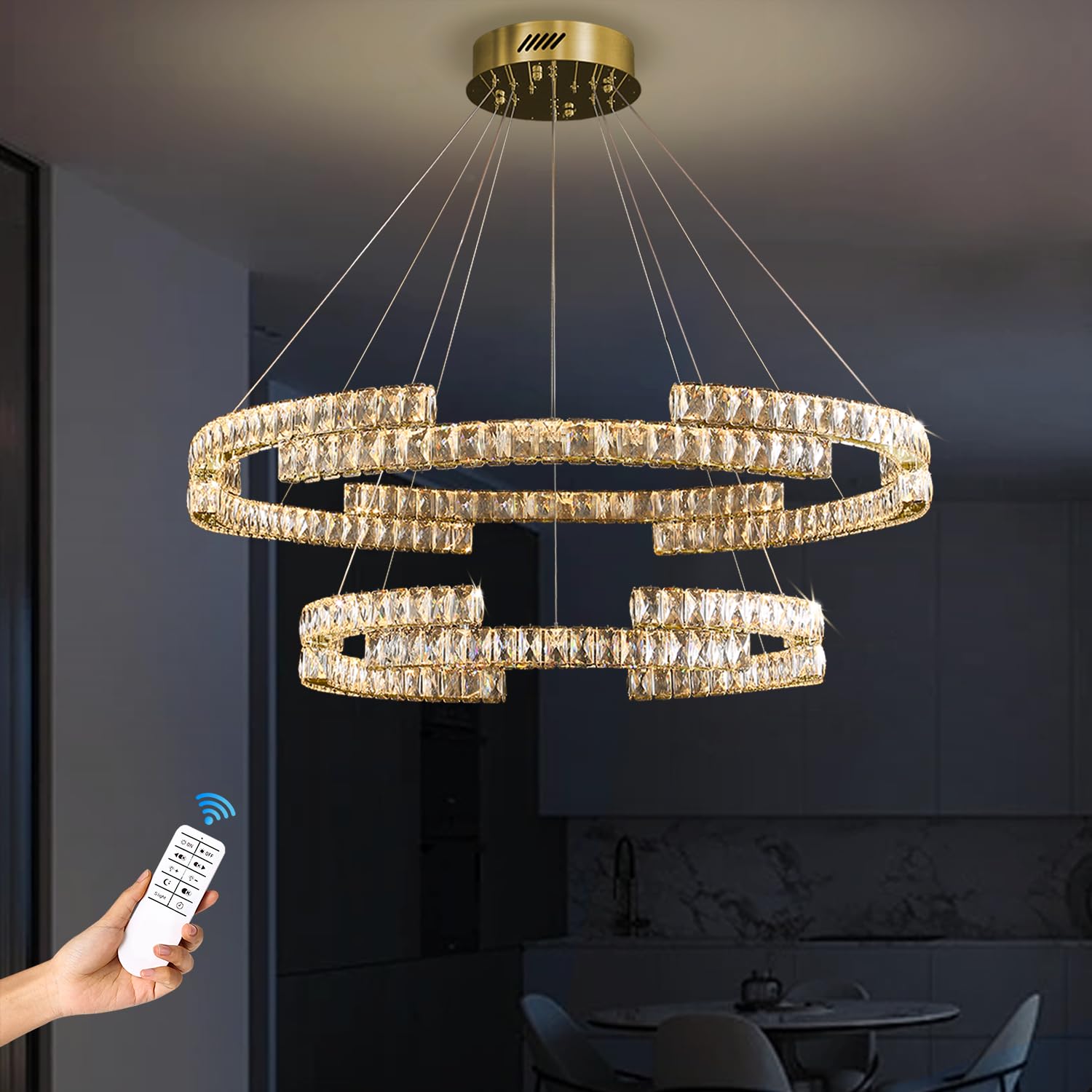 IDEQUY Modern Gold Crystal Chandeliers, D32''+D20'', LED Dimmable, Foyer Light, Model CF8014-48J
