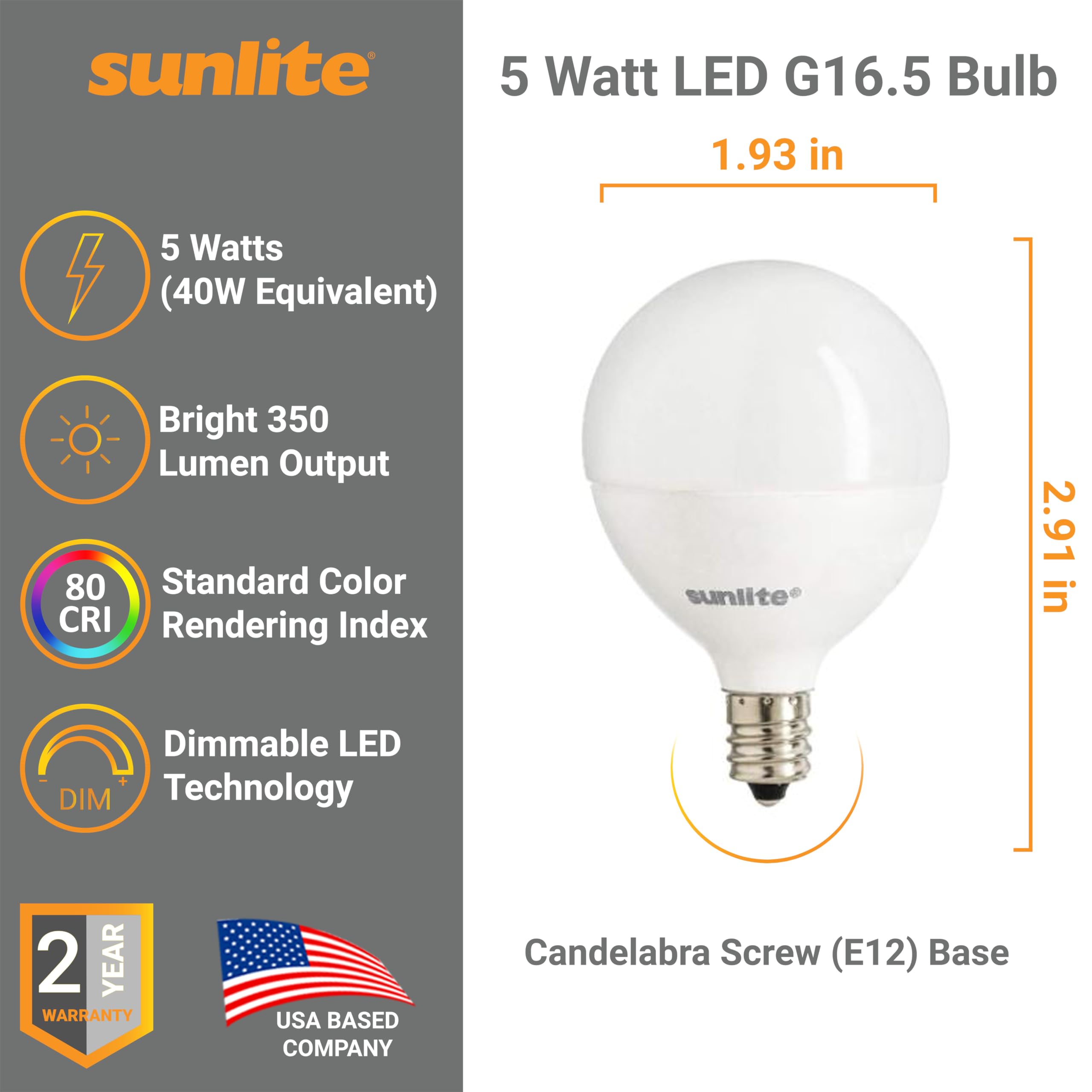 Sunlite LED G16.5 Globe Bulb, Dimmable, 5W (40W Equiv), 350 Lumens, Clear, Candelabra E12 Base, 6 Count
