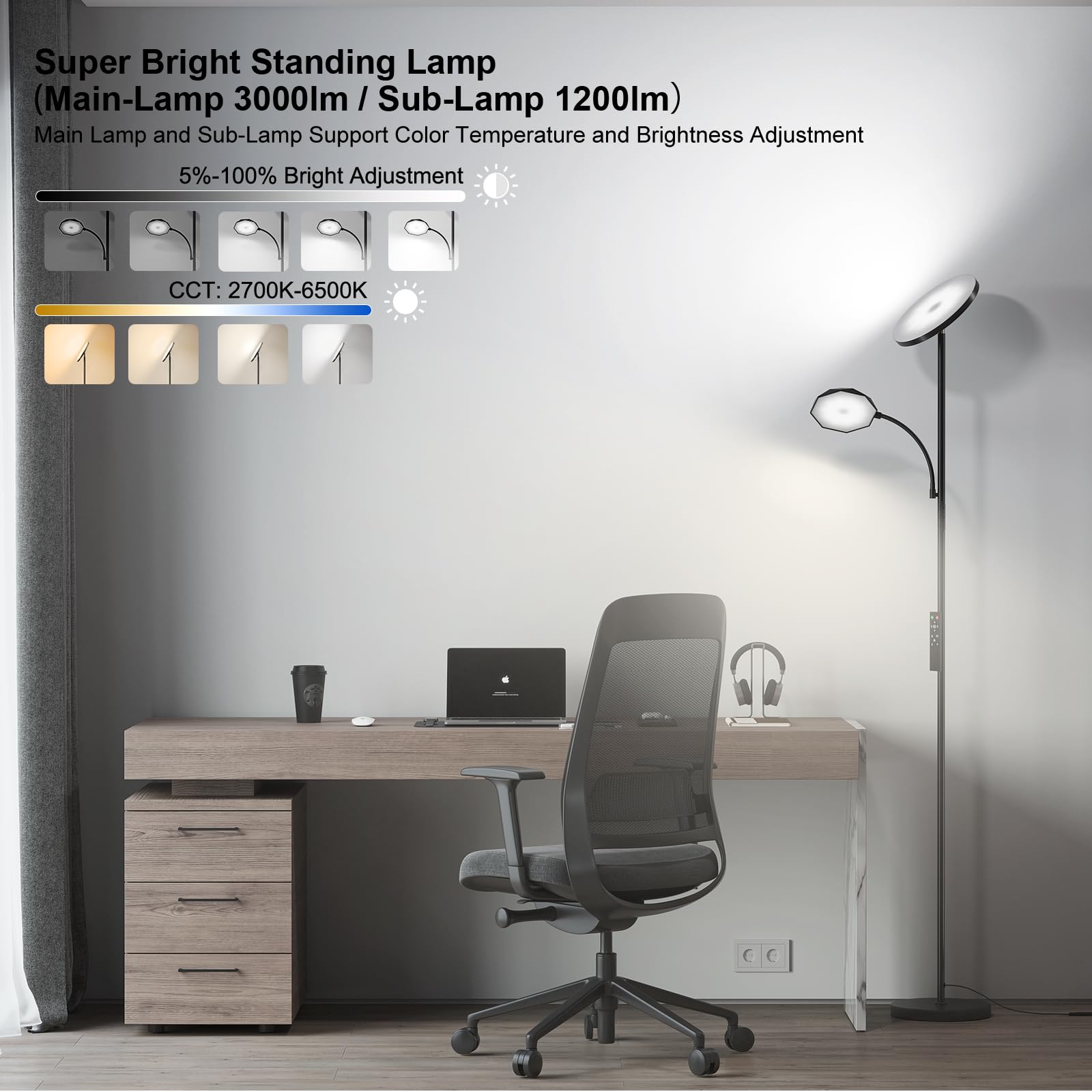 Sunmory Floor Lamps For Living Room, 48W/4200Lm Super Bright Led Floor Lamp With Remote Control, 69'' Tall Standing Lamp With St