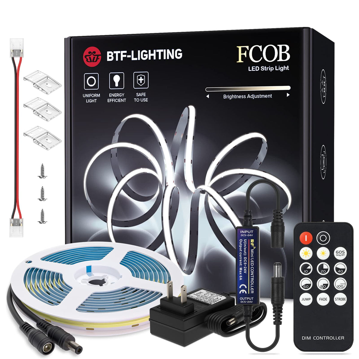 Btf-Lighting Fcob Cob 24V Kit Flexible High Density Led Lights 8Mm Width 6000K 16.4Ft Rf14 Keys Dimmable Controller Fob Cri90+ L