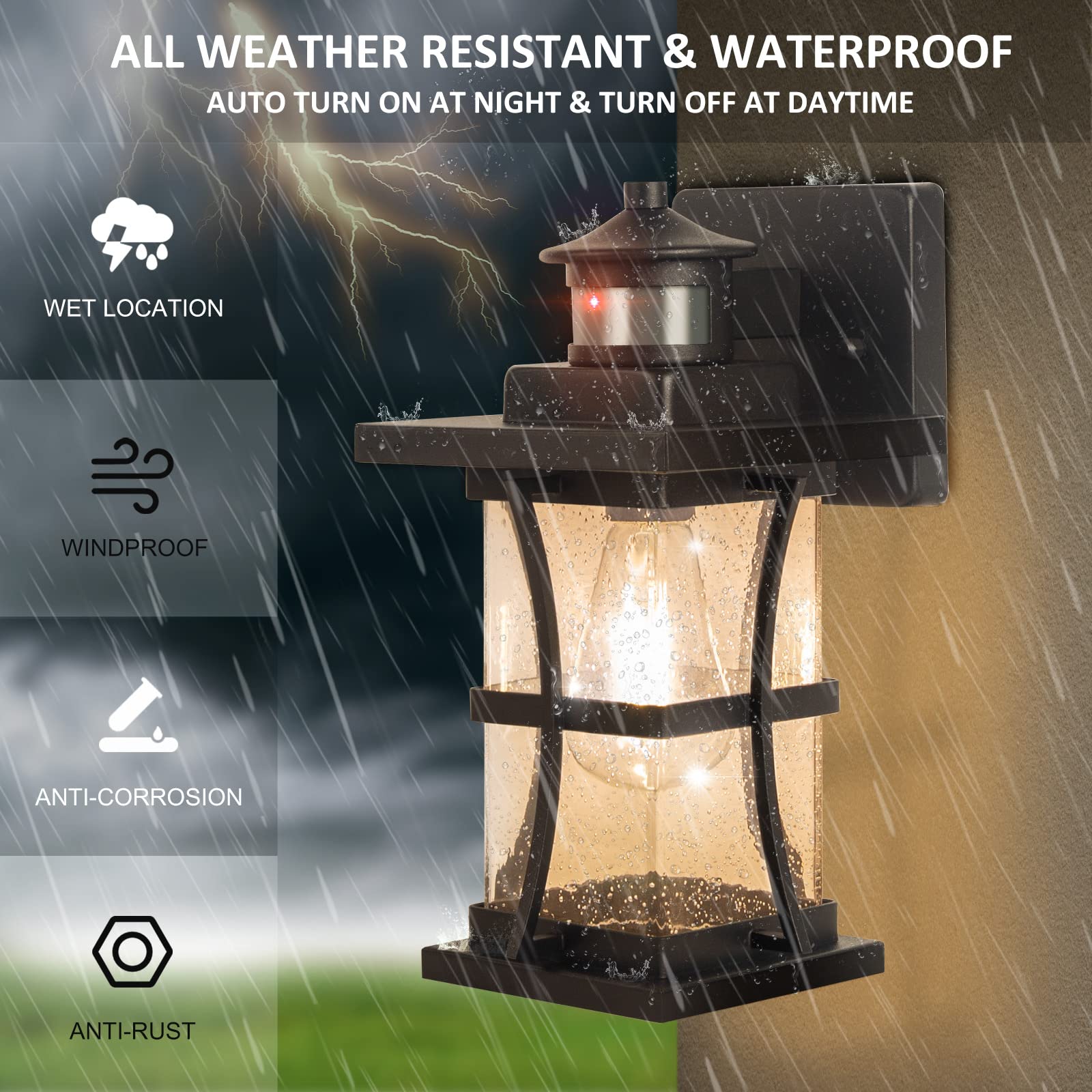 Frelii Motion Sensor Outdoor Wall Lights - 2 Pack, Black Galvanized Metal & Seeded Glass, Waterproof Dusk to Dawn Fixture, Model B06060PG