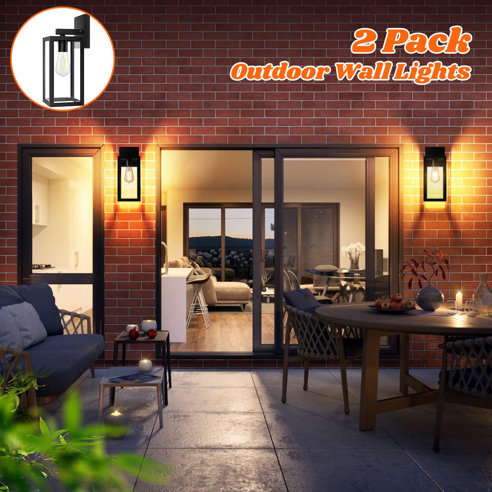 Brightever 2-Pack Outdoor Wall Lanterns, Waterproof Black Metal Sconces, Clear Glass, Model B04018P