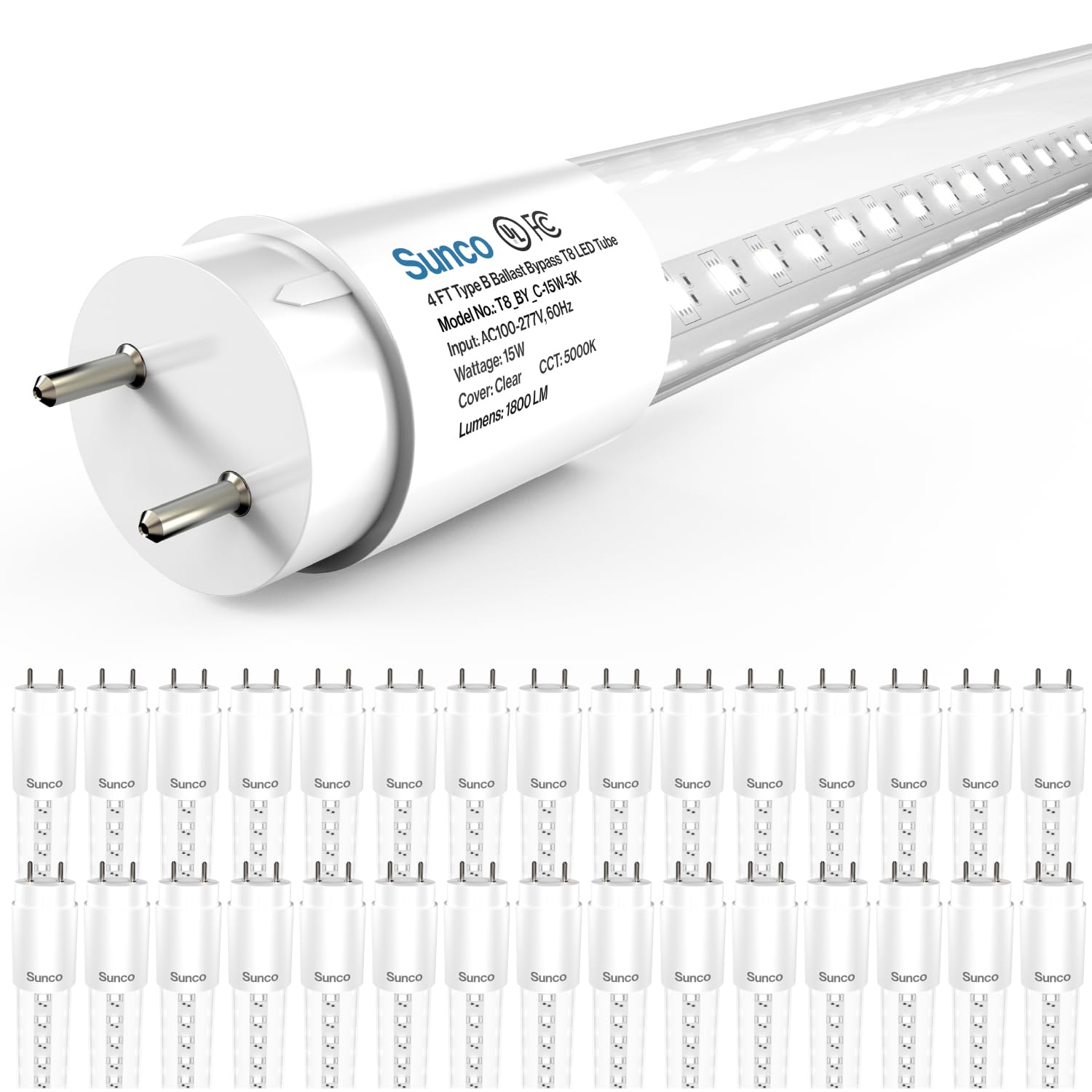 Sunco 30 Pack T8 Led 4Ft Tube Light Bulbs Ballast Bypass Fluorescent Replacement, 5000K Daylight, 15W, Clear Cover, Retrofit, Si