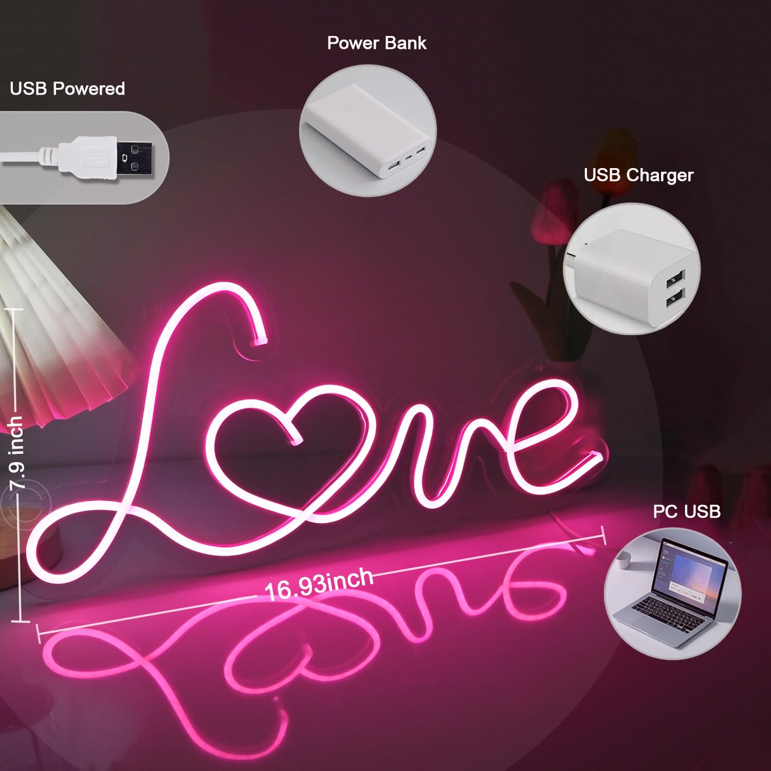 Britrio LED Neon Light Sign - Pink Love Wall Decor, USB Powered, 17inx8in, Model FSLO18P