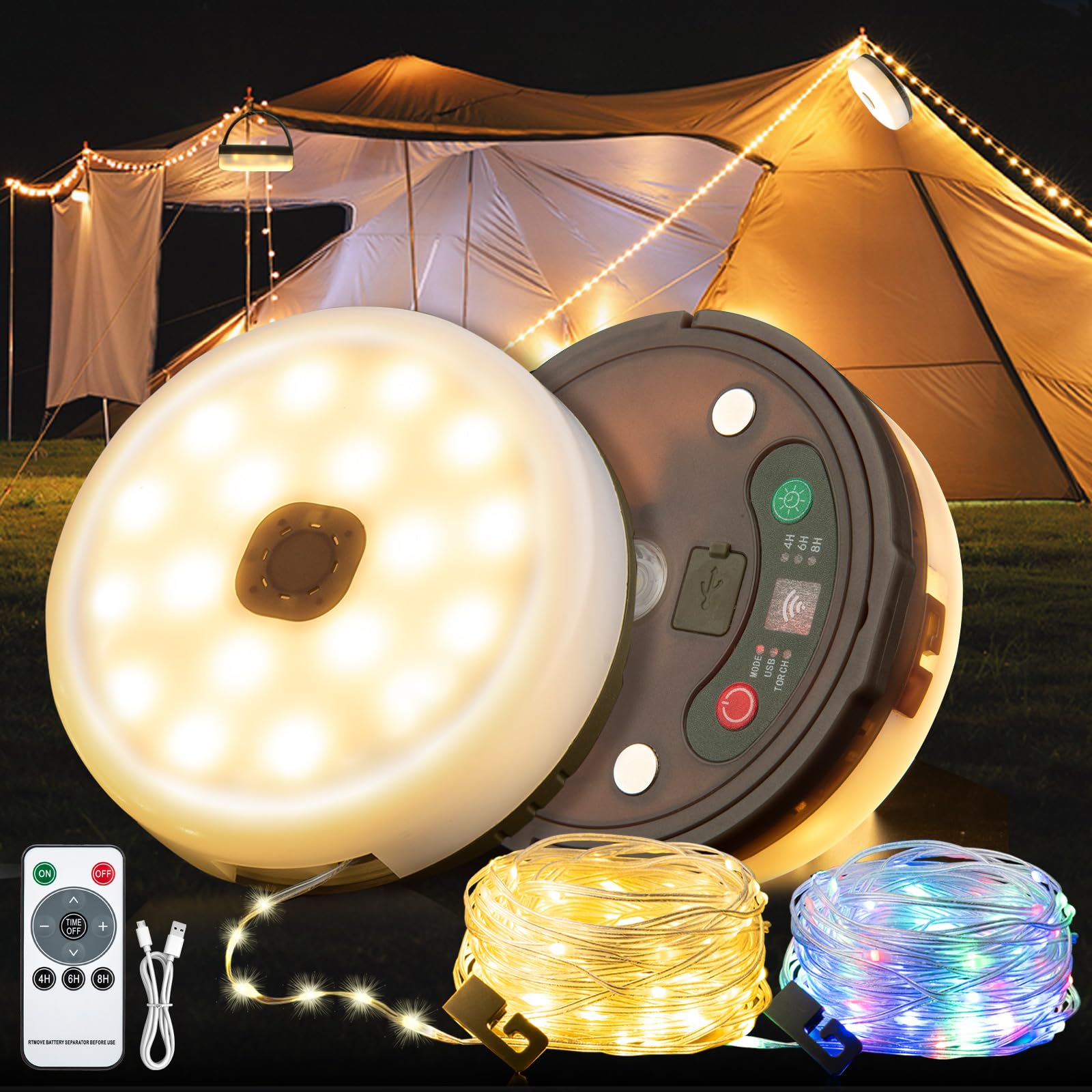 Sutaig 2-Pack Camping String Lights, Remote Control, 32.8Ft, Waterproof, Multicolor, Model WCCX-SSDC-RGB-2PCS