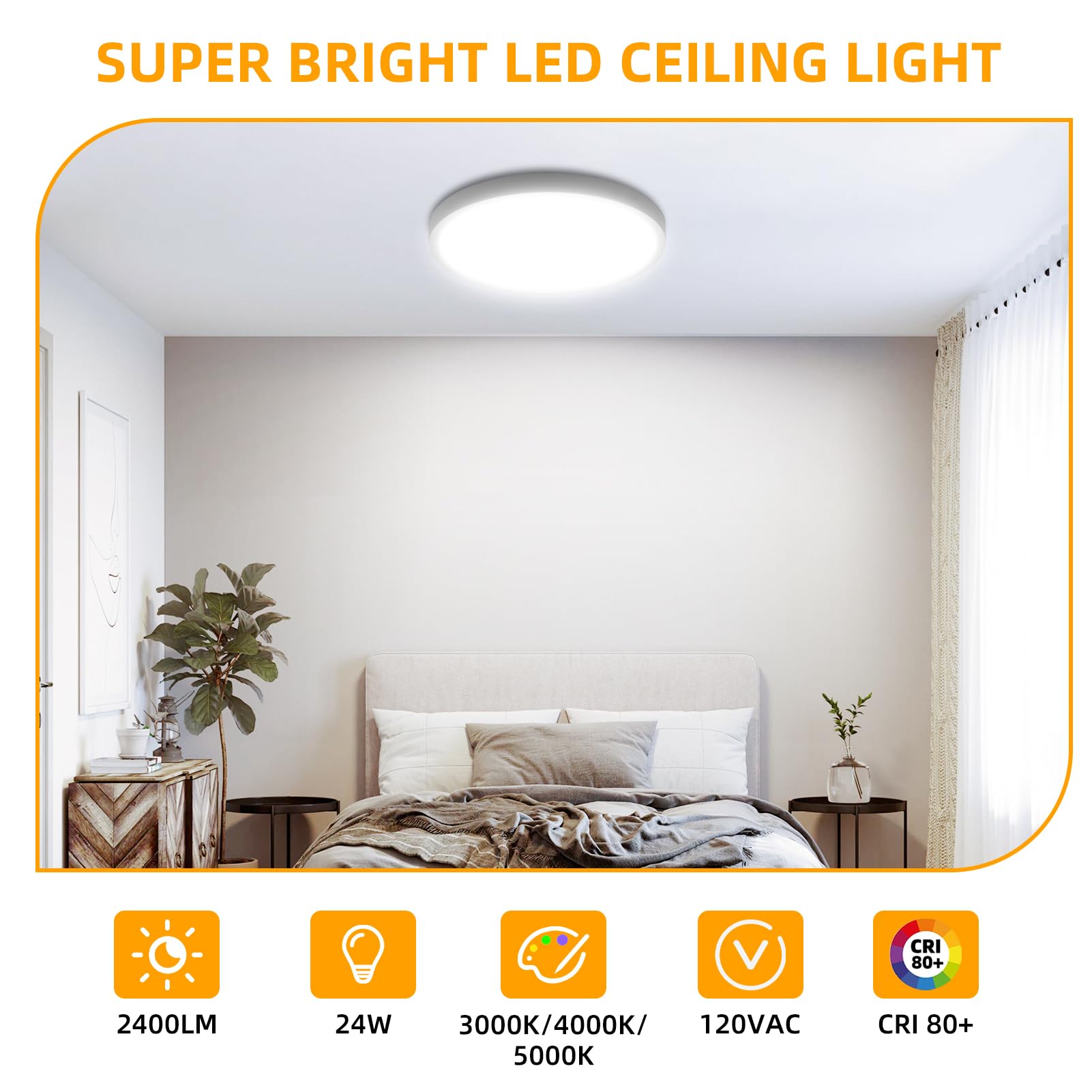 Hlite LED Ceiling Light Fixture, 12 Inch, 24W, 2400LM, 3CCT Selectable, Super Slim, White, Model RCLR13-3CT