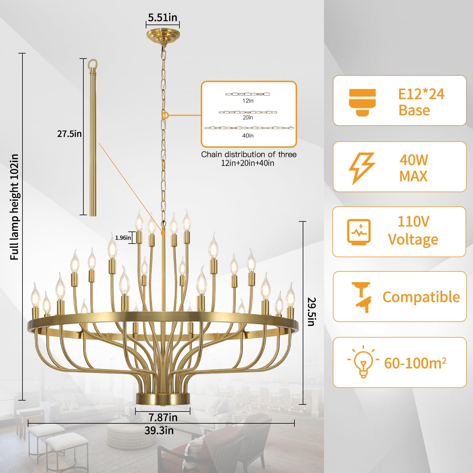 Gold Chandelier 24 Light Large Chandelier For High Ceilings, Farmhouse Wagon Wheel 39In 3-Tier For Dining Room, Hallway, Living