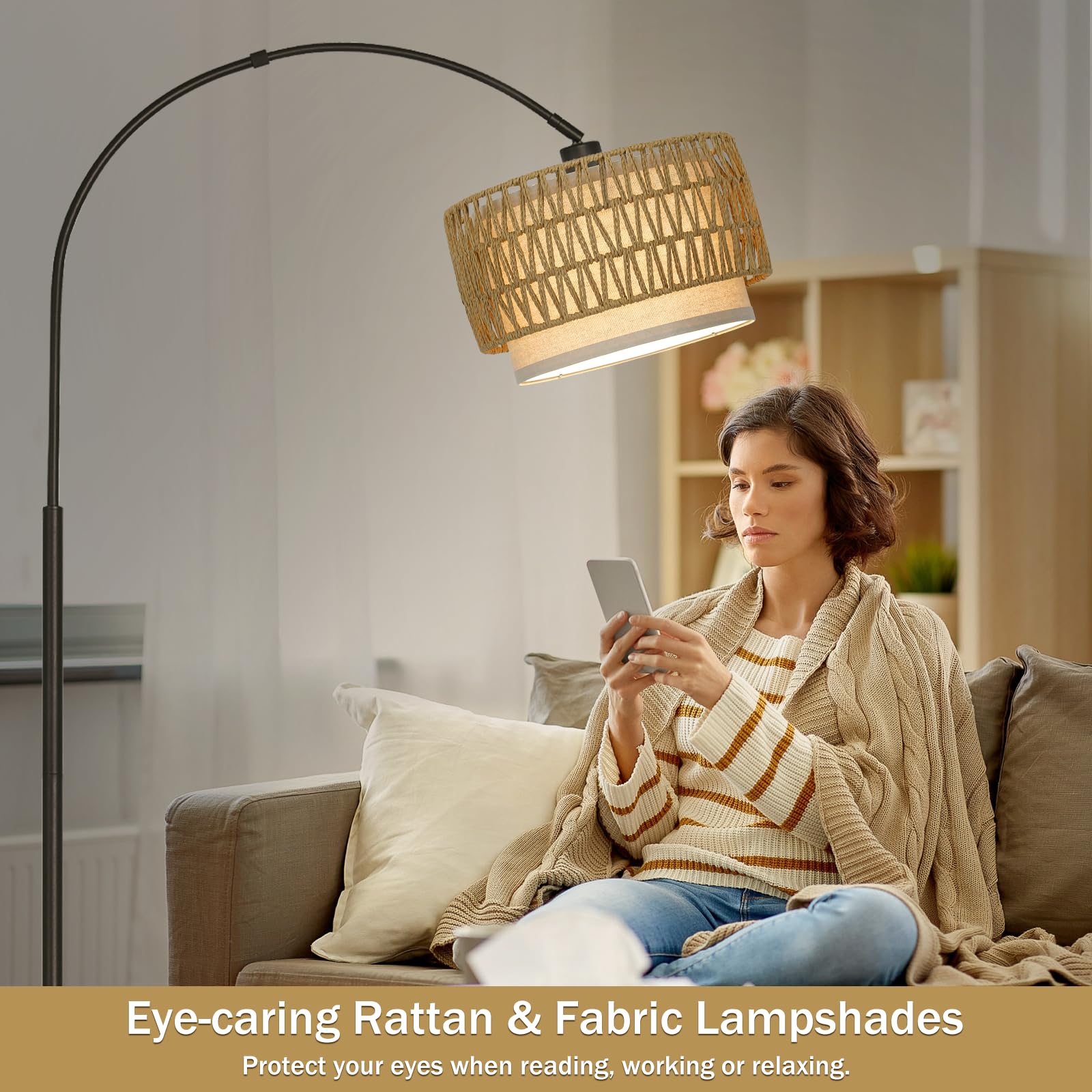 Rattan Floor Lamp, Dimmable Arc Floor Lamps For Living Room, Boho Farmhouse Standing Lamp With Adjustable Head, Tall Pole Lamp R