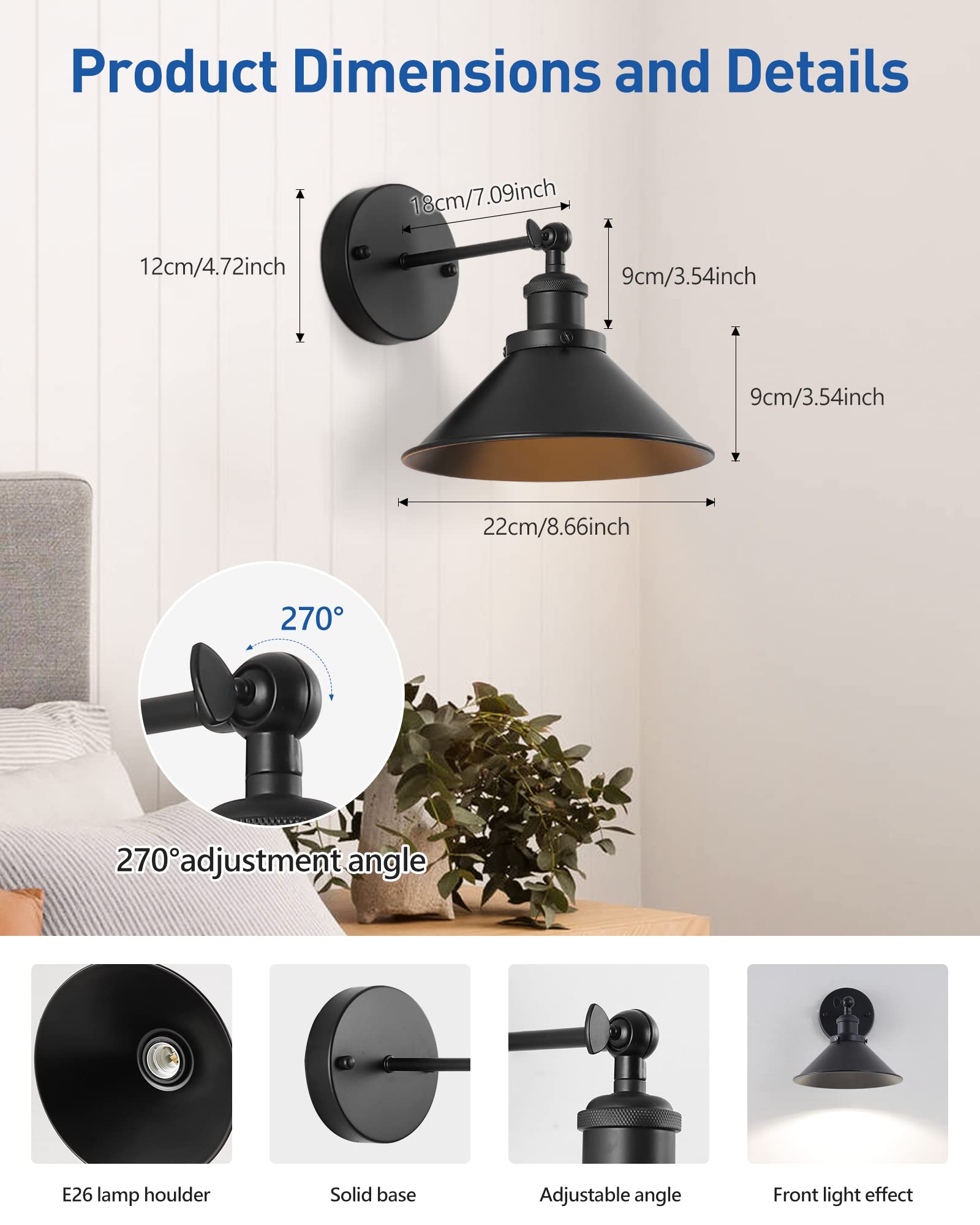 Bailoch Black Vintage Wireless Battery Operated Wall Sconces, Industrial Cordless Battery Powered Led Wall Lights Set Of 2, Wall