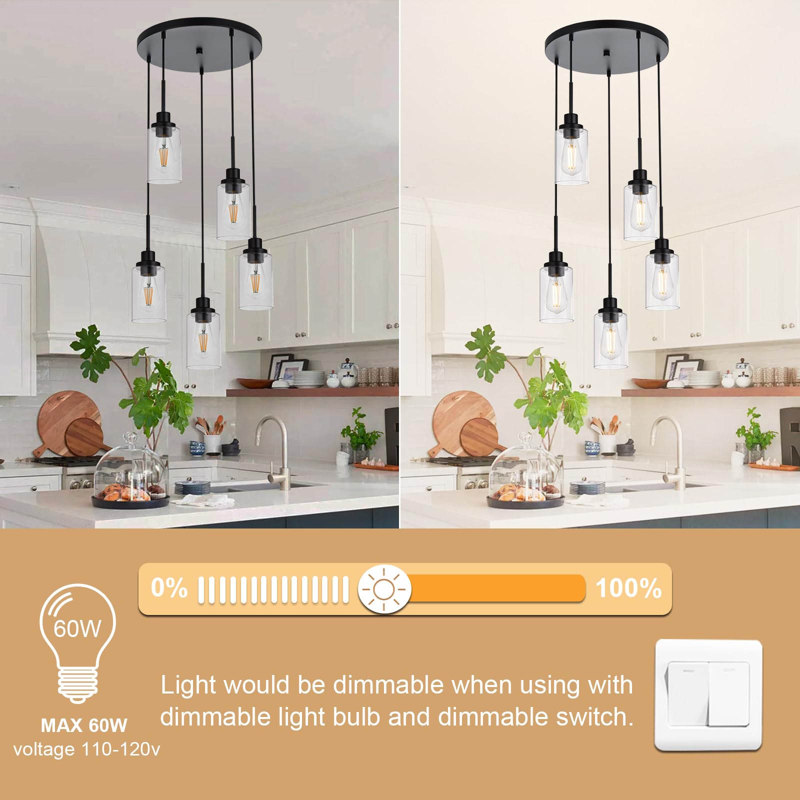 Winshen 5-Light Pendant Light Fixtures, Black Adjustable Height Hanging Lighting Dining Room Chandelier With Clear Glass Shade,