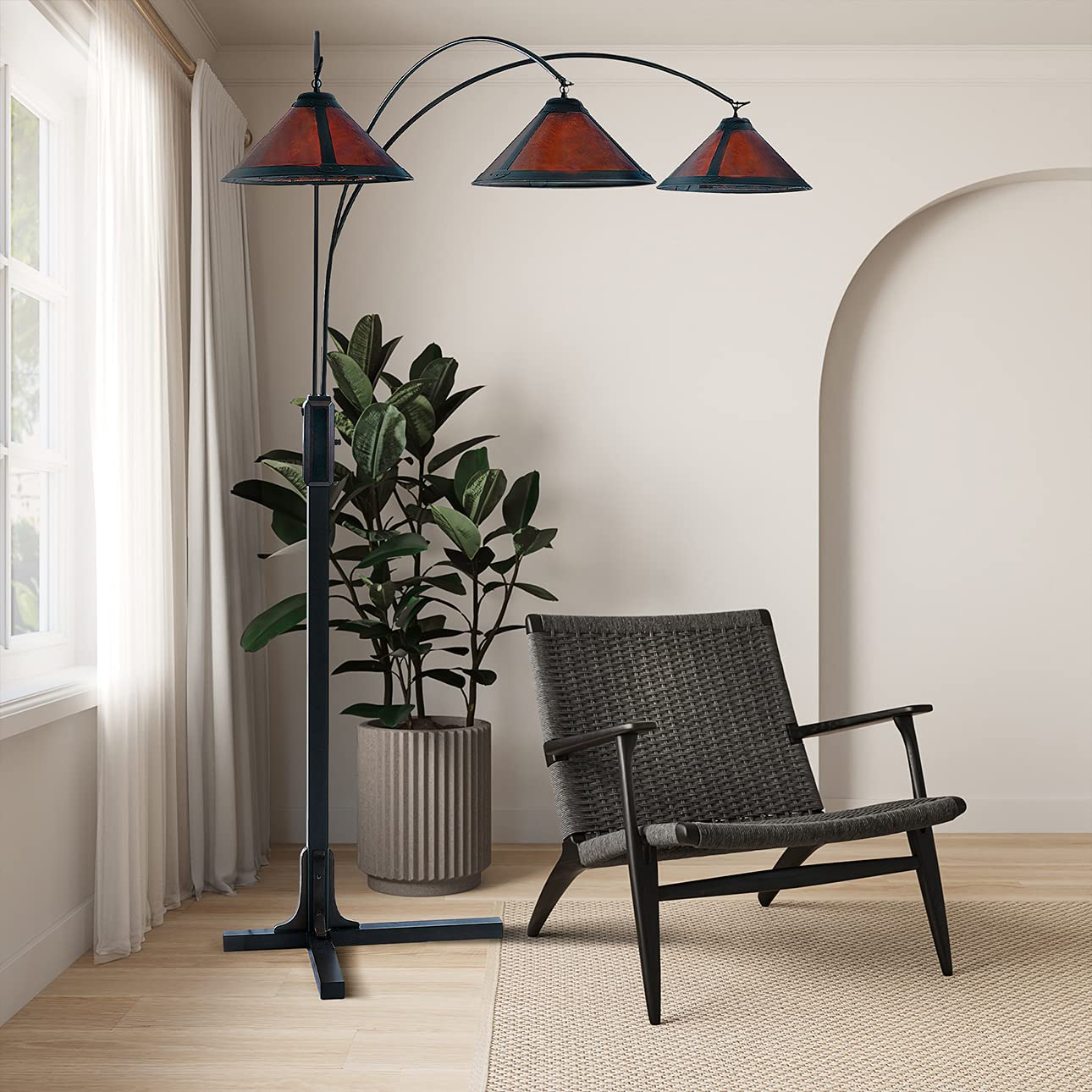 Natural Mica 3 Light Arc Floor Lamp - 86&quot;, Espresso Wood, Bronze & Amber Mineral Mica, Dimmer Switch, X-Base