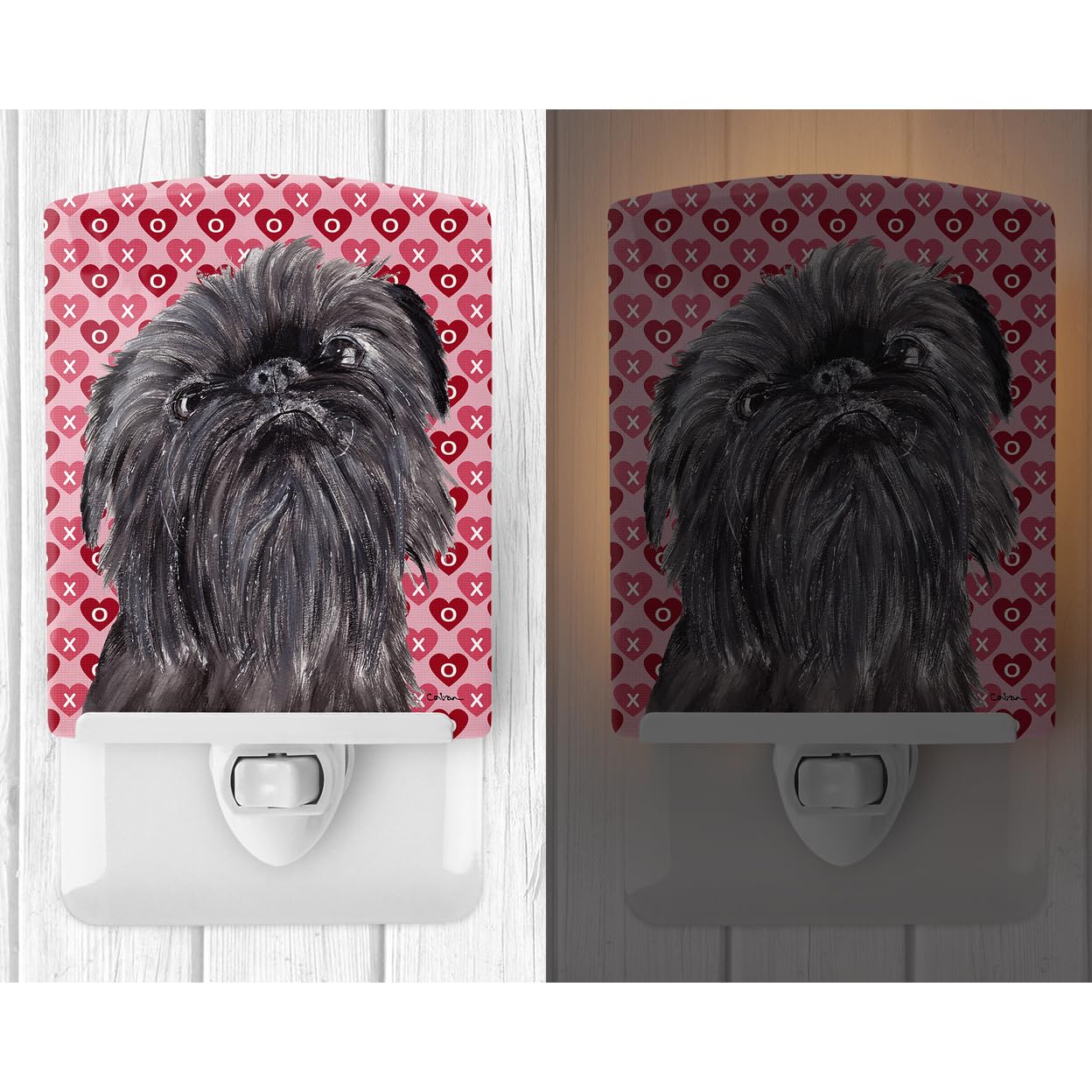 Caroline'S Treasures Sc9559Cnl Brussels Griffon Hearts And Love Ceramic Night Light Compact, Ul-Certified, Ideal For Bedroom, Bathroom, Nursery, Hallway, Kitchen, 6X4X3, Multicolor