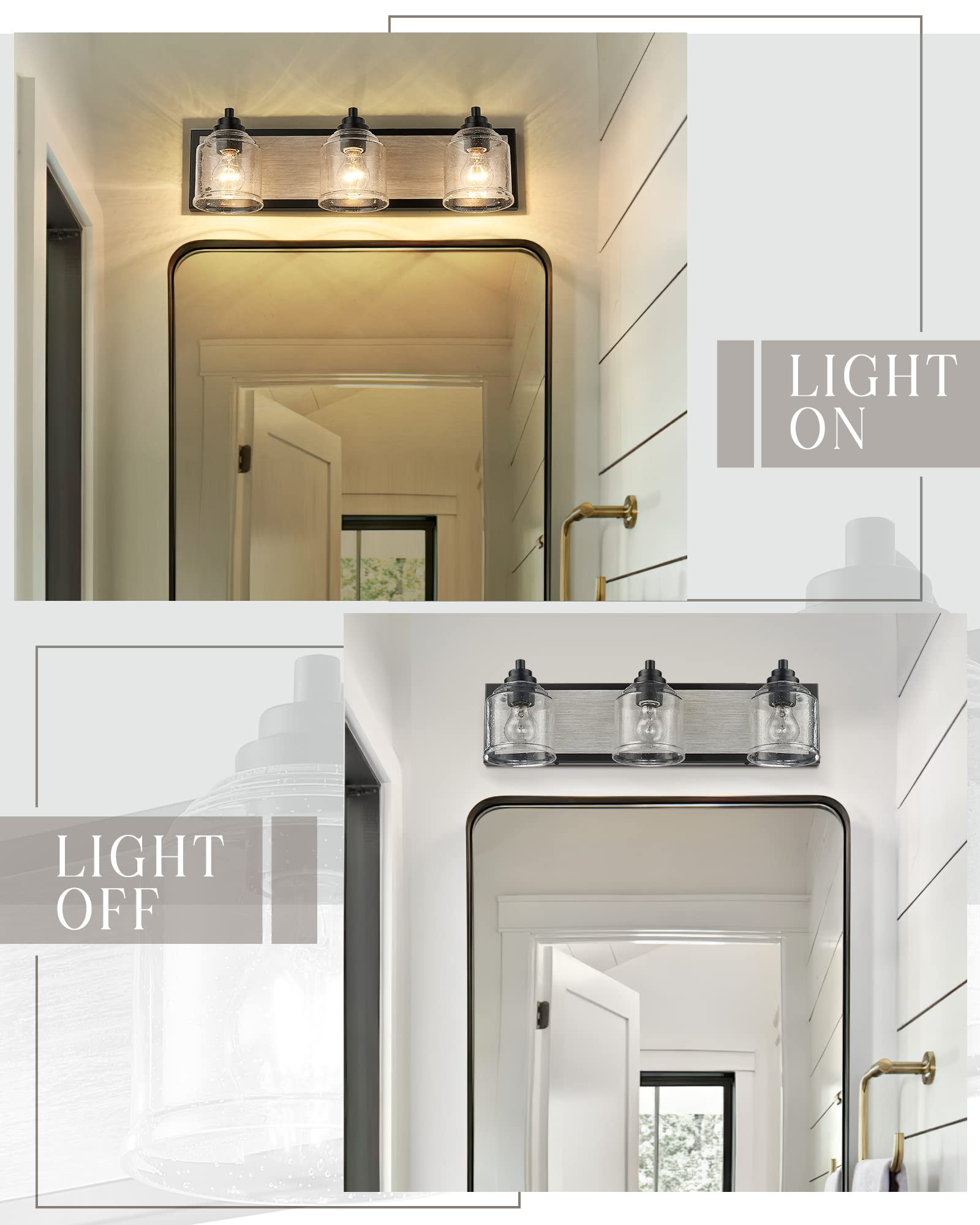 23" Large Farmhouse Bathroom Vanity Light,Handmade Grey Wood Vanity Light With Bubble Glass Shades,3-Light Rustic Wall Sconce Lighting Fixtures Over Mirror, Bd005-3-Bk