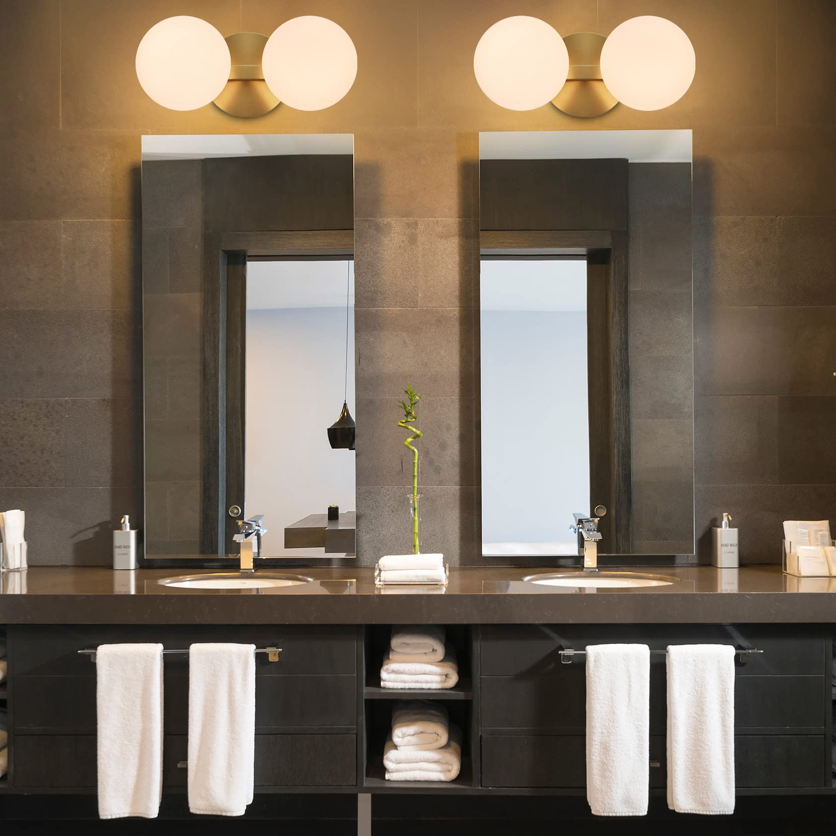 Bathroom Vanity Light Fixtures, Modern 2 Lights Globe Wall Sconce Lighting Aged Brass, Porch Wall Mount Light Fixture For Bathro