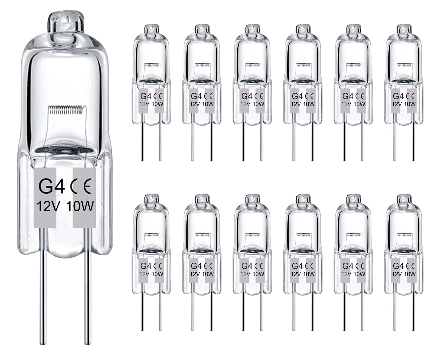 G4 12V 10W Halogen Light Bulbs, 12 Pack Crystal Clear 2 Pin Jc T3 Bi-Pin Base, Dimmable 2700K Warm White Capsule For Under Cabin